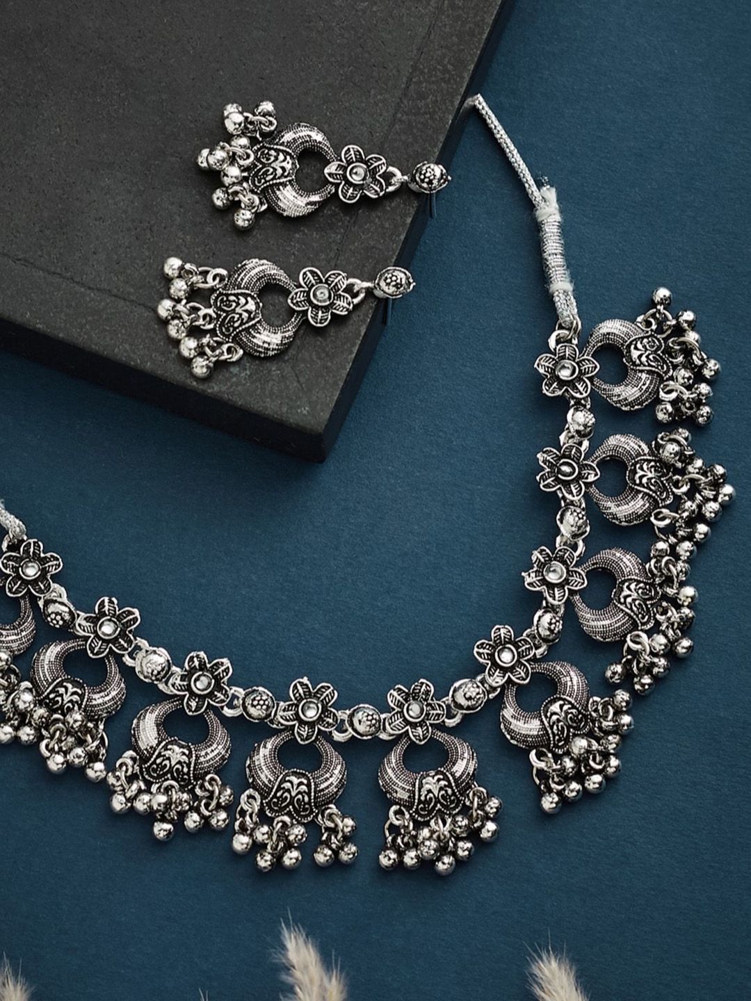 ATIBELLE German Silver-Plated Stone Studded Floral Shaped Jewellery Set