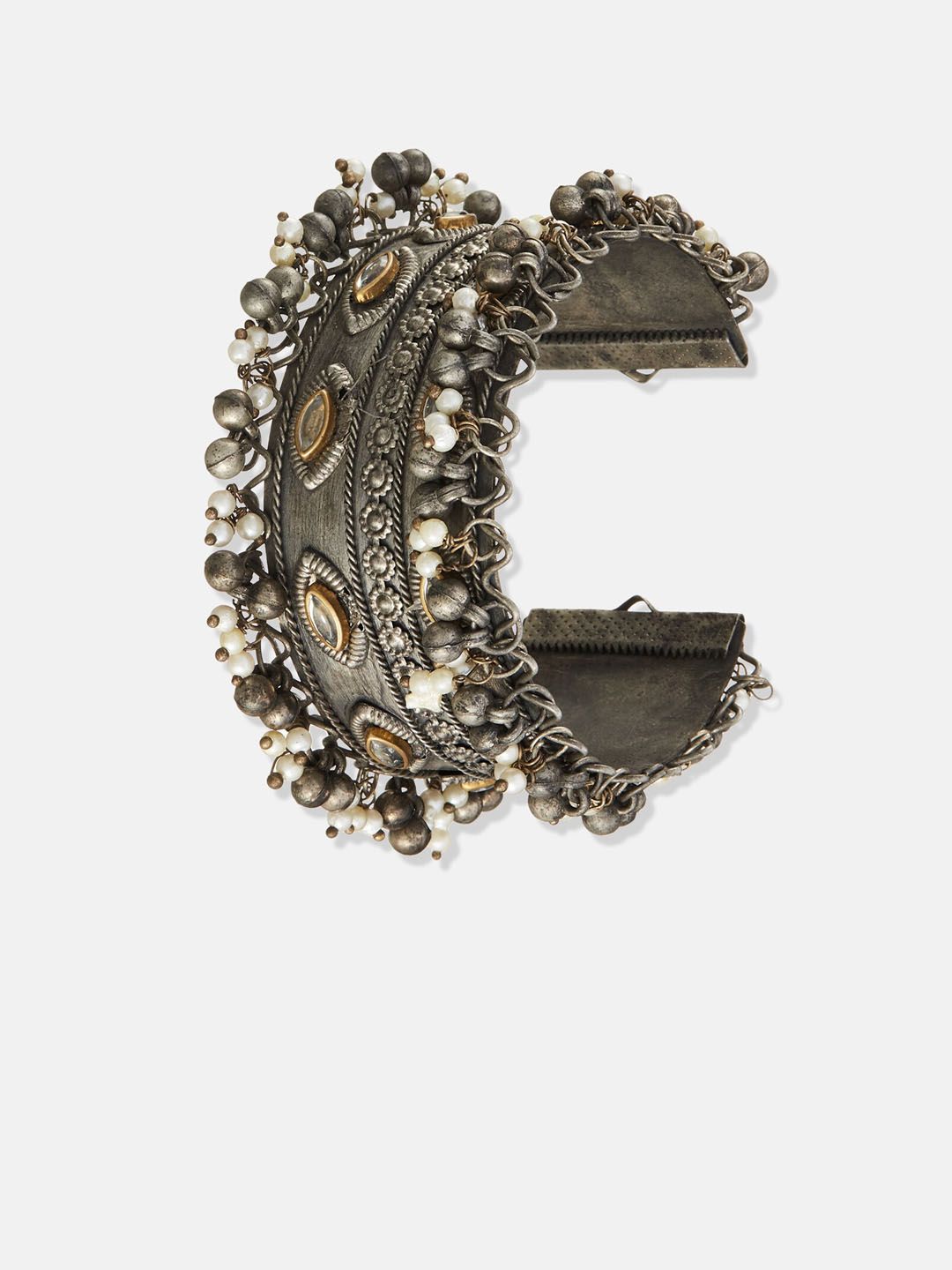 ATIBELLE German Silver-Plated Stone-Studded Floral Shaped Ghunghroo Earrings & Bangle
