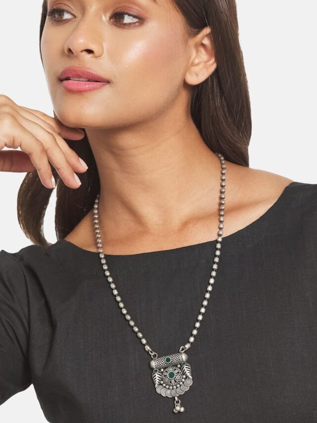 ATIBELLE German Silver-Plated Stone-Studded & Beaded Jewellery Set