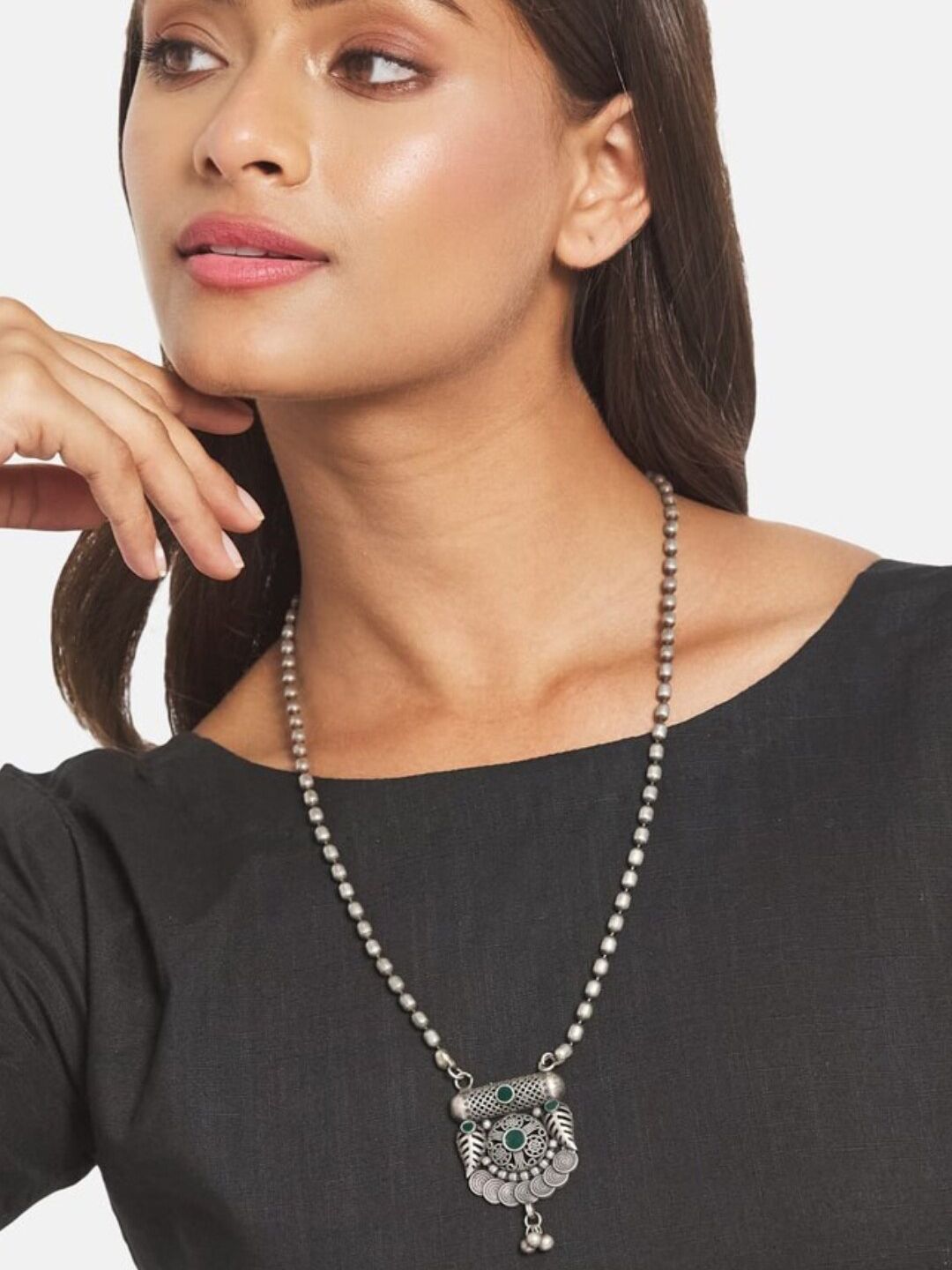 ATIBELLE German Silver-Plated Stone-Studded Floral Shaped Bangle & Necklace