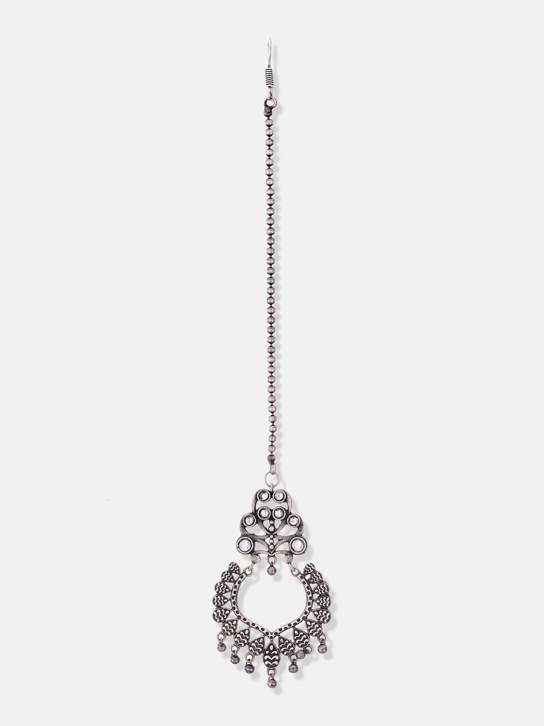ATIBELLE German Silver-Plated Stone-Studded Floral Shaped Maangtikka & Necklace