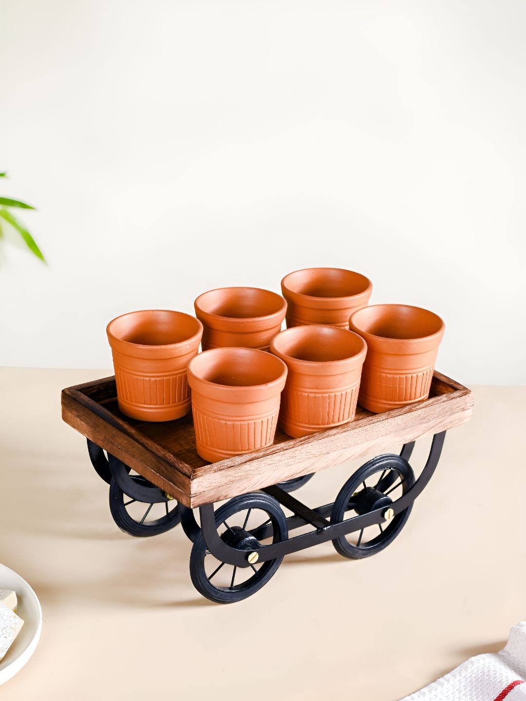 Nestasia Brown 6 Pieces Textured Terracotta Matte Kulladhs With Push Cart Platter 100 ml-image-46
