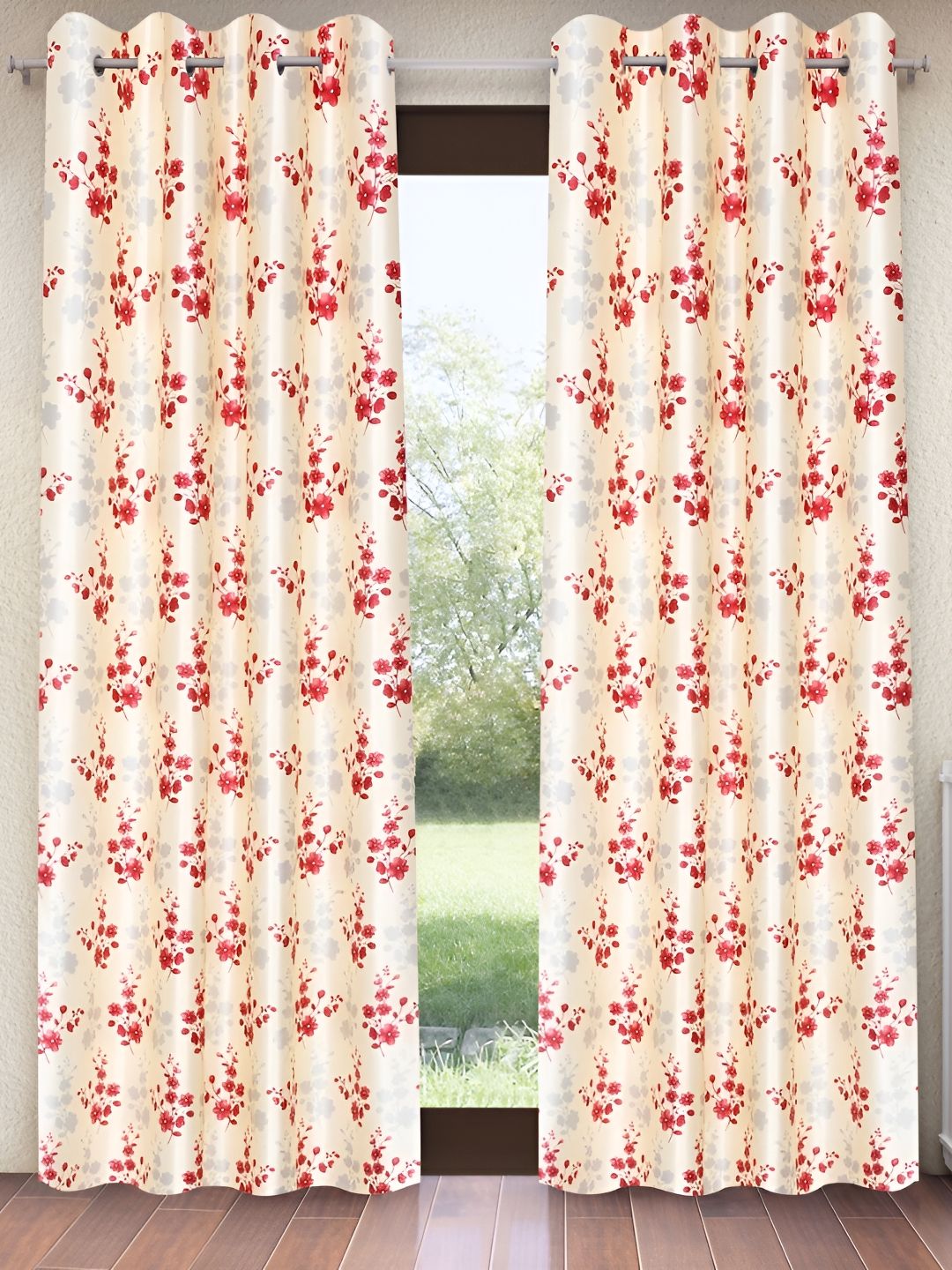 Home Sizzler Cream & Maroon 2 Pieces Floral Window Curtain-image-22
