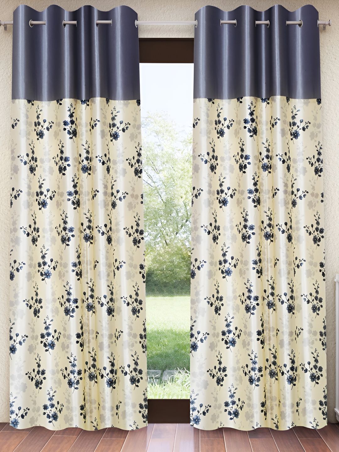 Home Sizzler Cream & Grey 2 Pieces Floral Door Curtain-image-39