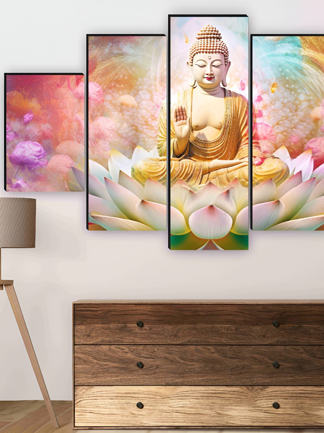 SAF Pink & Yellow 5 Pieces Wooden Buddha Wall Arts-picture-13