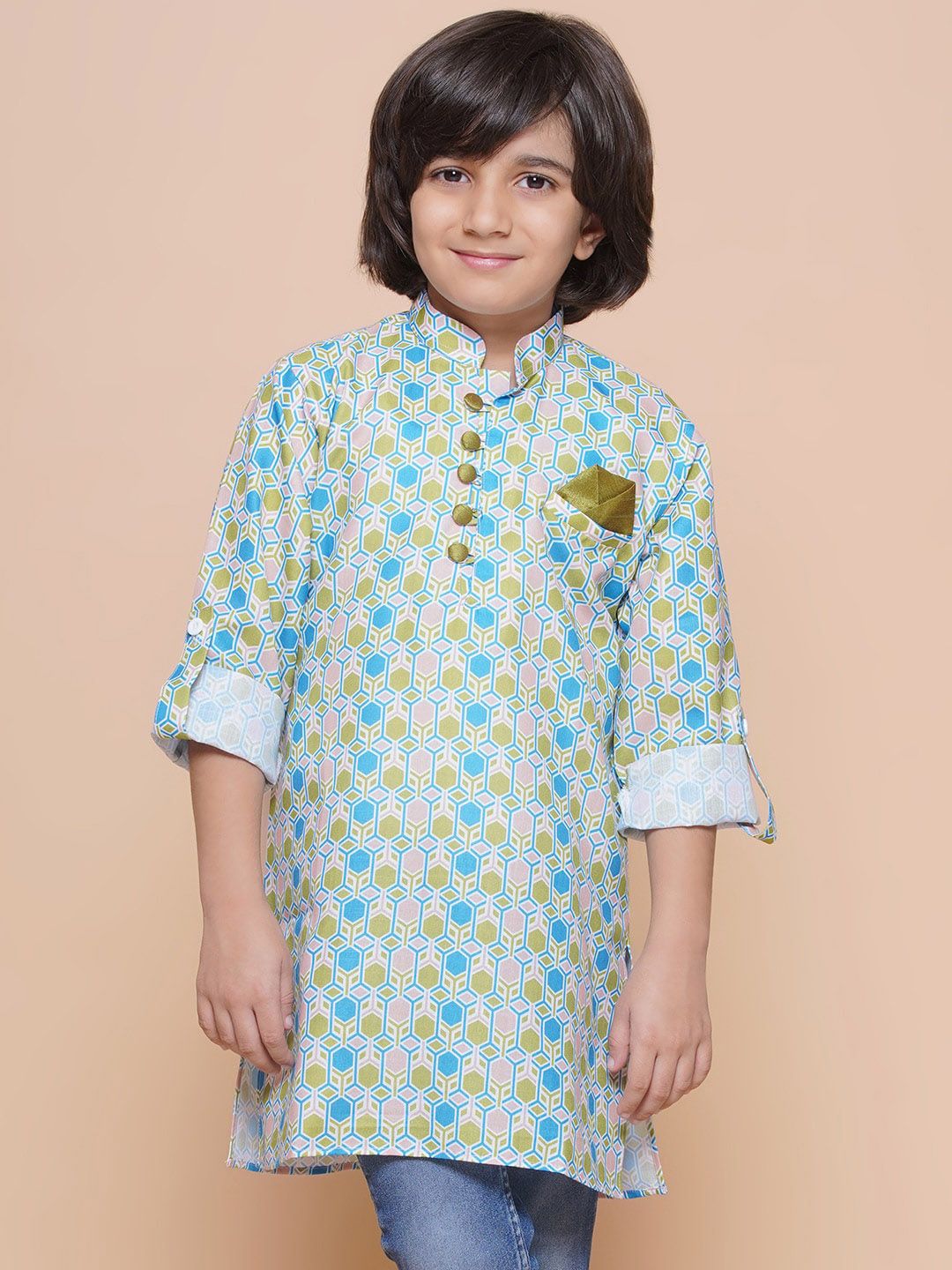 Aj DEZInES Boys Geometric Printed Mandarin Collar Cotton Kurta-picture-16