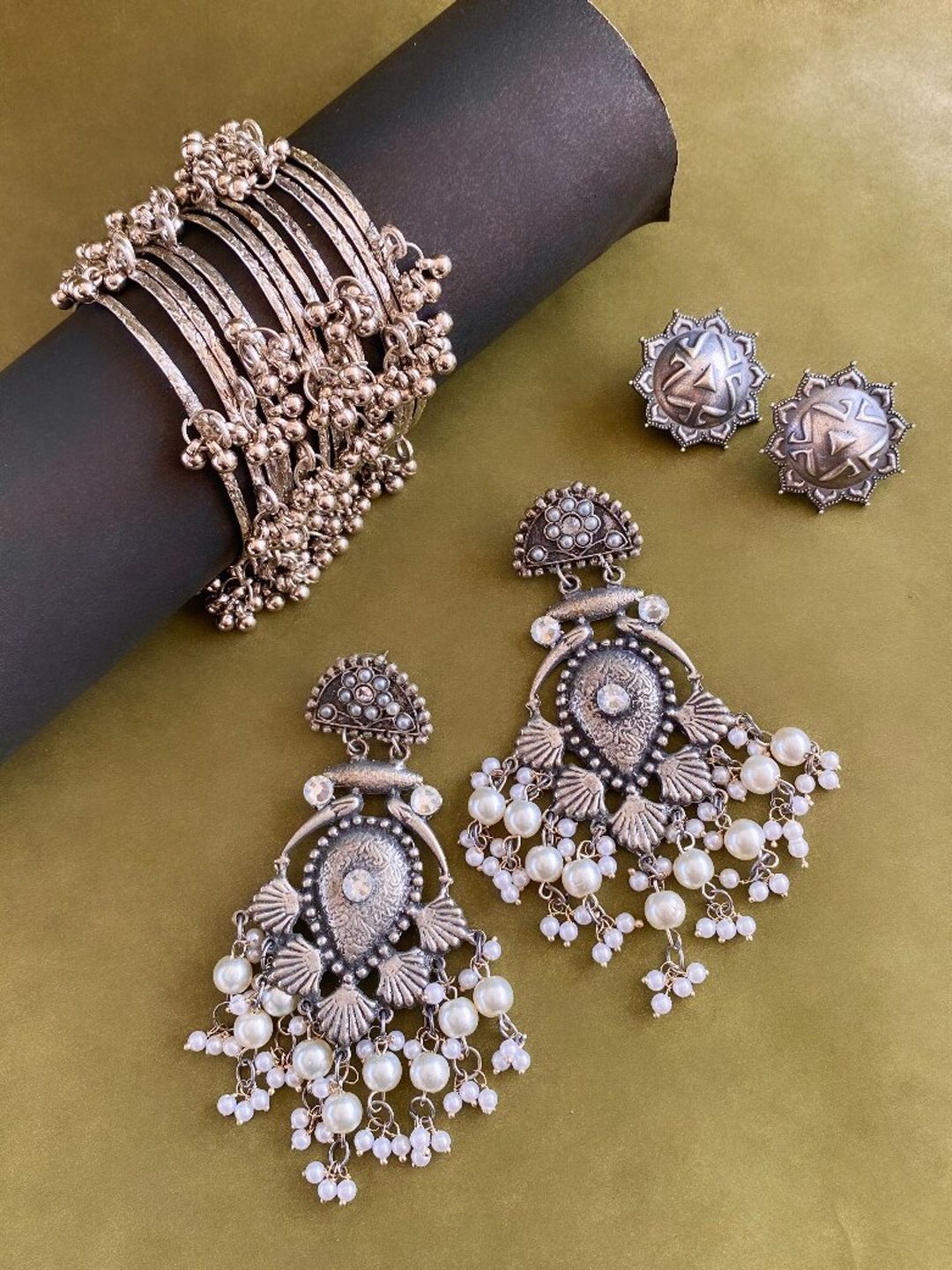 ATIBELLE Silver-Plated Beaded Ghungroo Charm Jewellery Set
