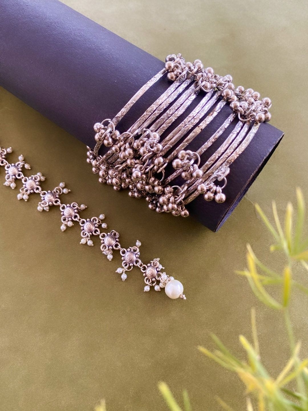 ATIBELLE Silver-Plated Beaded Ghungroo Charm Jewellery Set