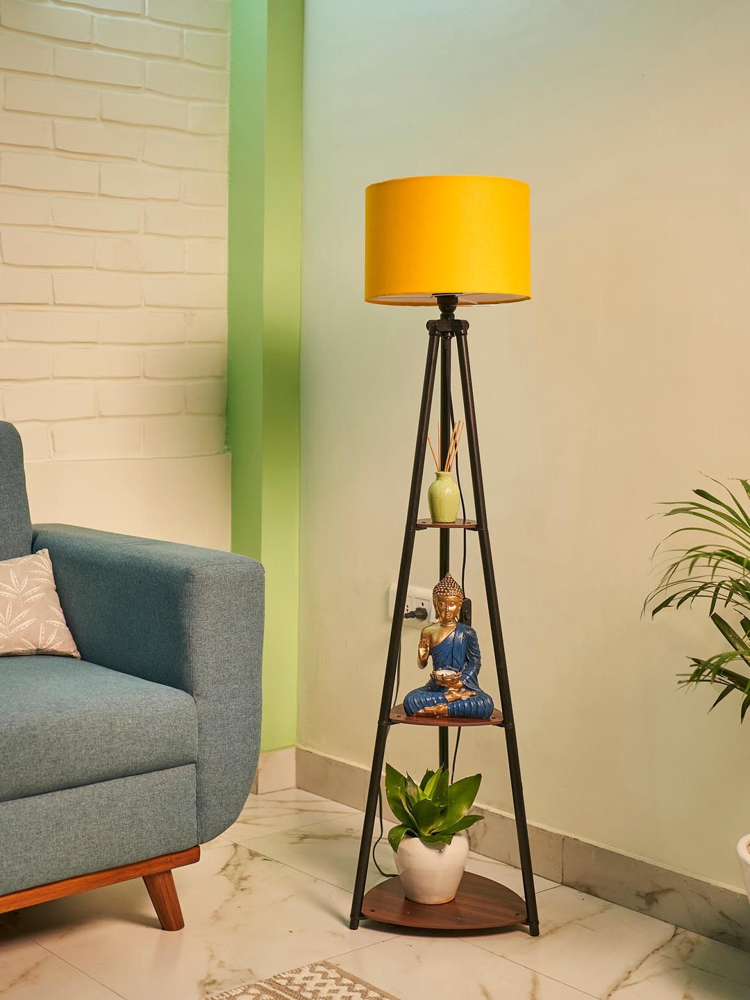 Crosscut Yellow & Black Metal Cylinder Shaped Floor Lamp With Shelves-image-16