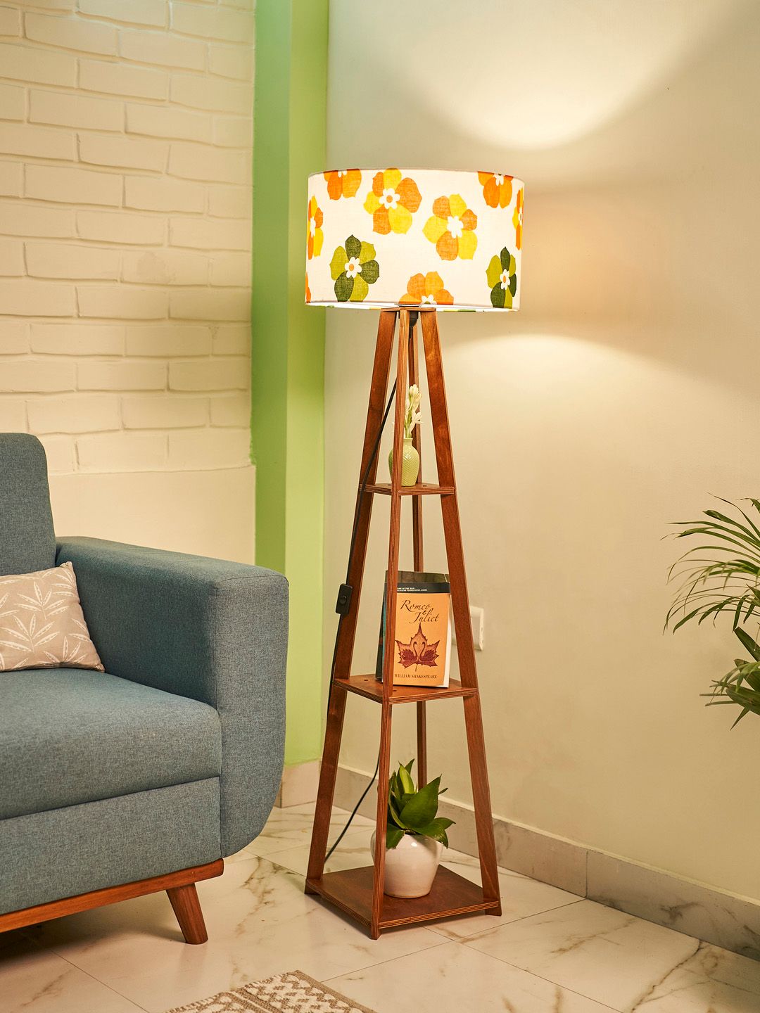 Crosscut Brown & White Printed Wooden Cylinder Shaped Floor Lamp With Shelves