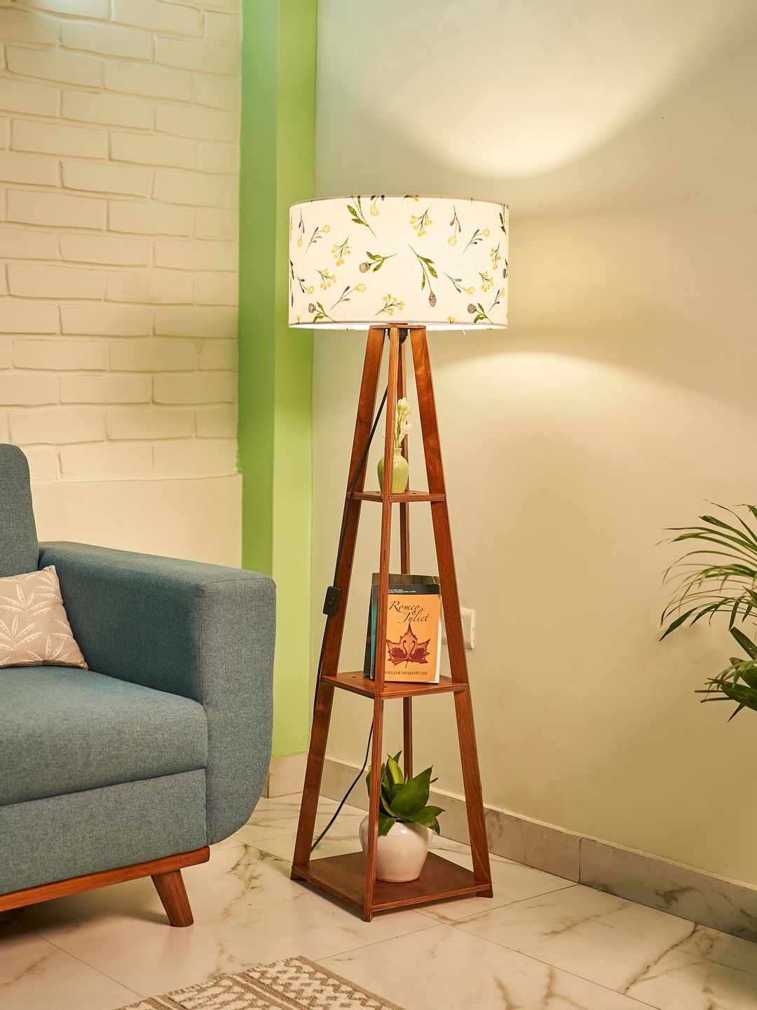 Crosscut White & Brown Printed Wooden Cylinder Shaped Floor Lamp With Shelves-picture-54