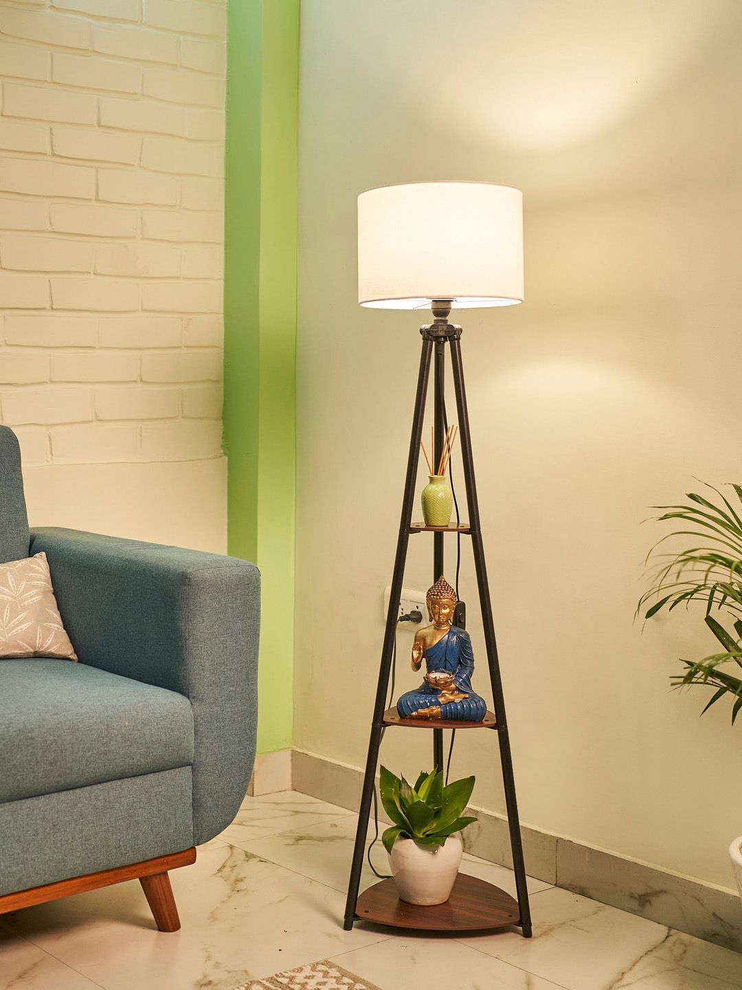 Crosscut White & Brown Metal Cylinder Shaped Floor Lamp With Shelves-image-11