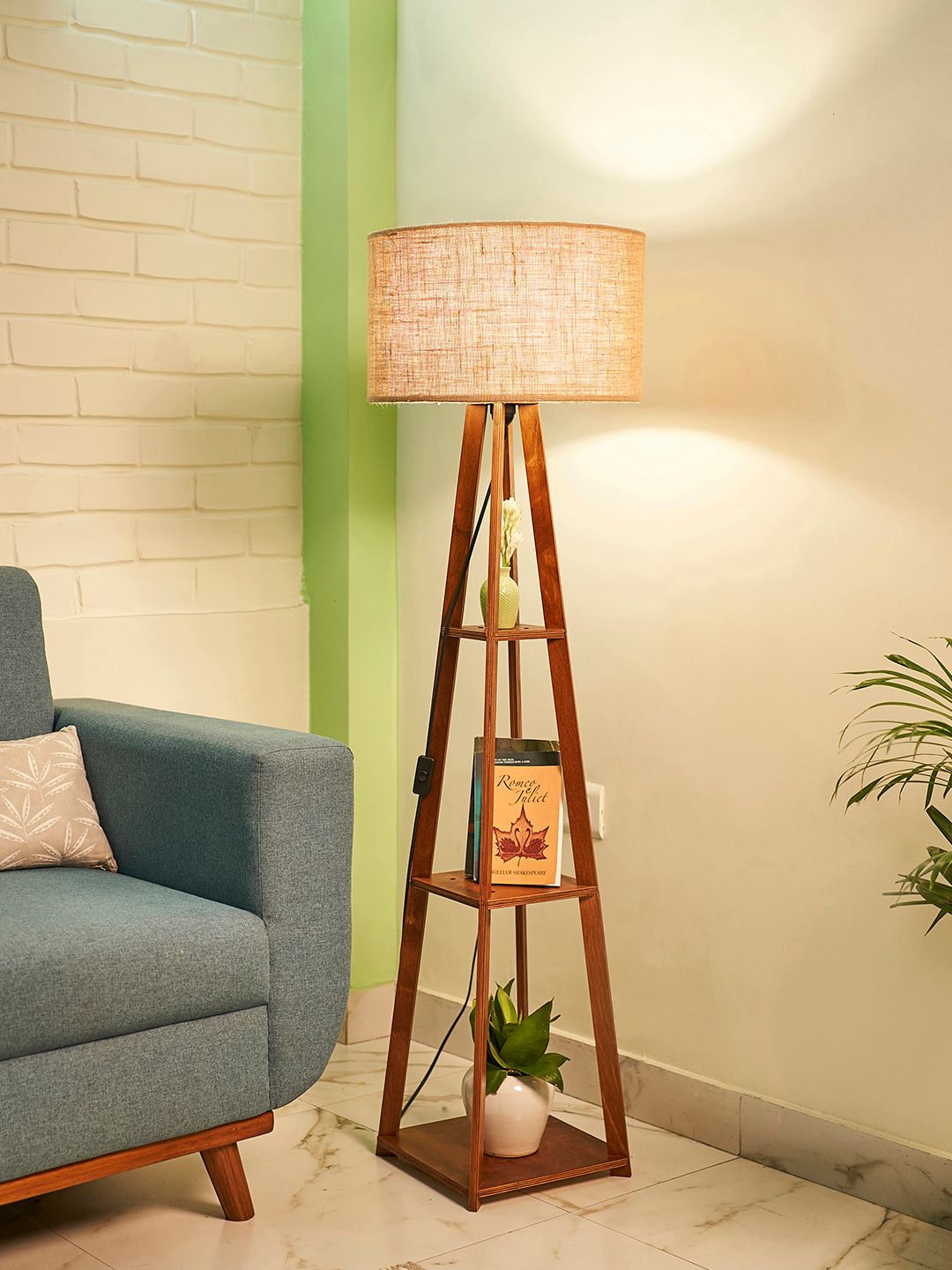 Crosscut Beige & Brown Wooden Cylinder Shaped Floor Lamp With Shelves-image-34