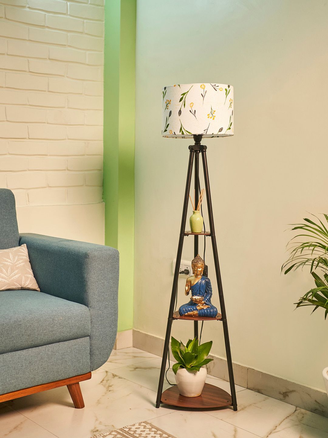 Crosscut White & Black Printed Metal Cylinder Shaped Floor Lamp With Shelves-image-18