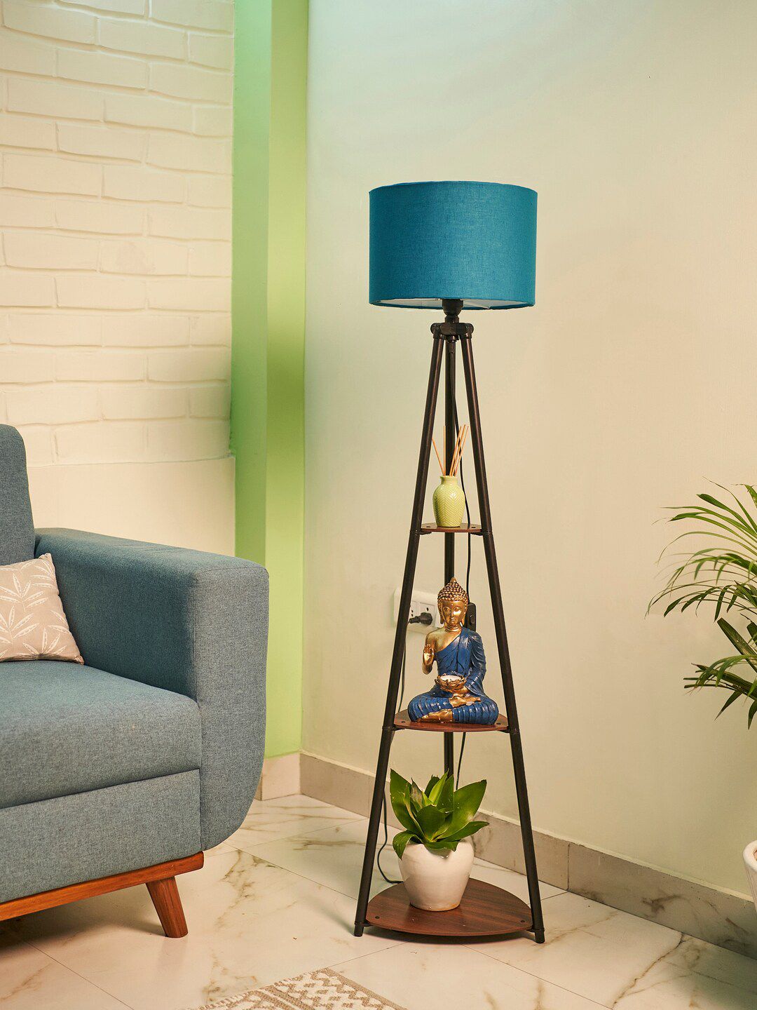 Crosscut Blue & Black Metal Cylinder Shaped Floor Lamp With Shelves-image-19