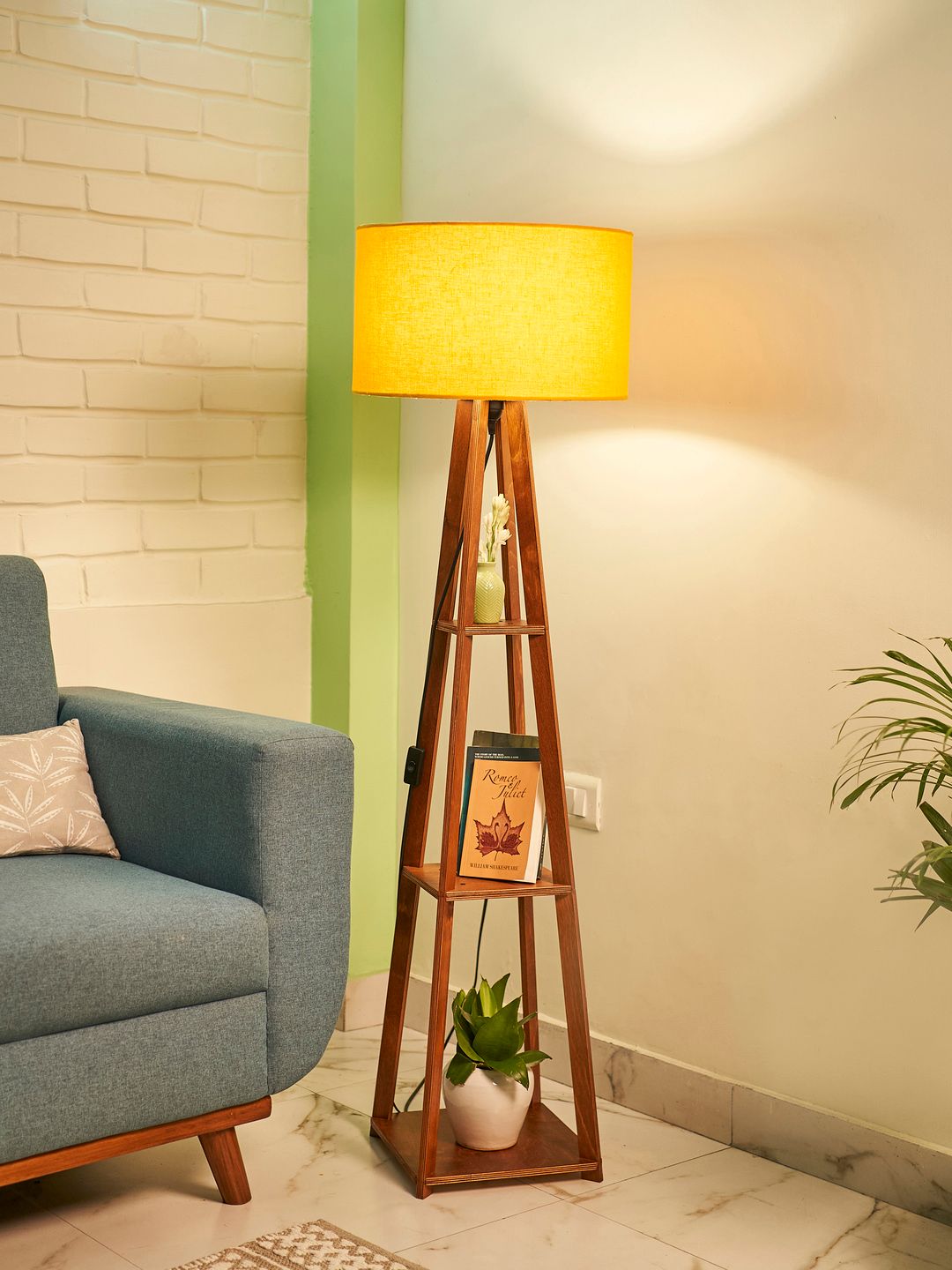 Crosscut Yellow & Brown Wooden Cylinder Shaped Floor Lamp With Shelves-image-35