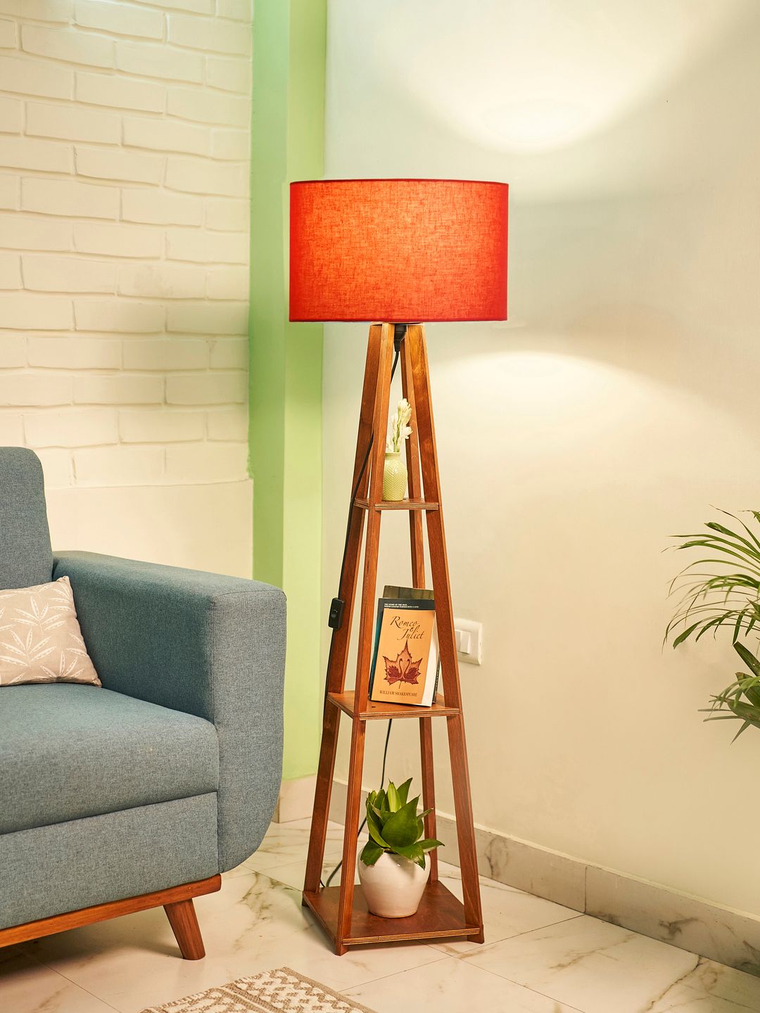 Crosscut Red & Brown Wooden Cylinder Shaped Floor Lamp With Shelves-image-39
