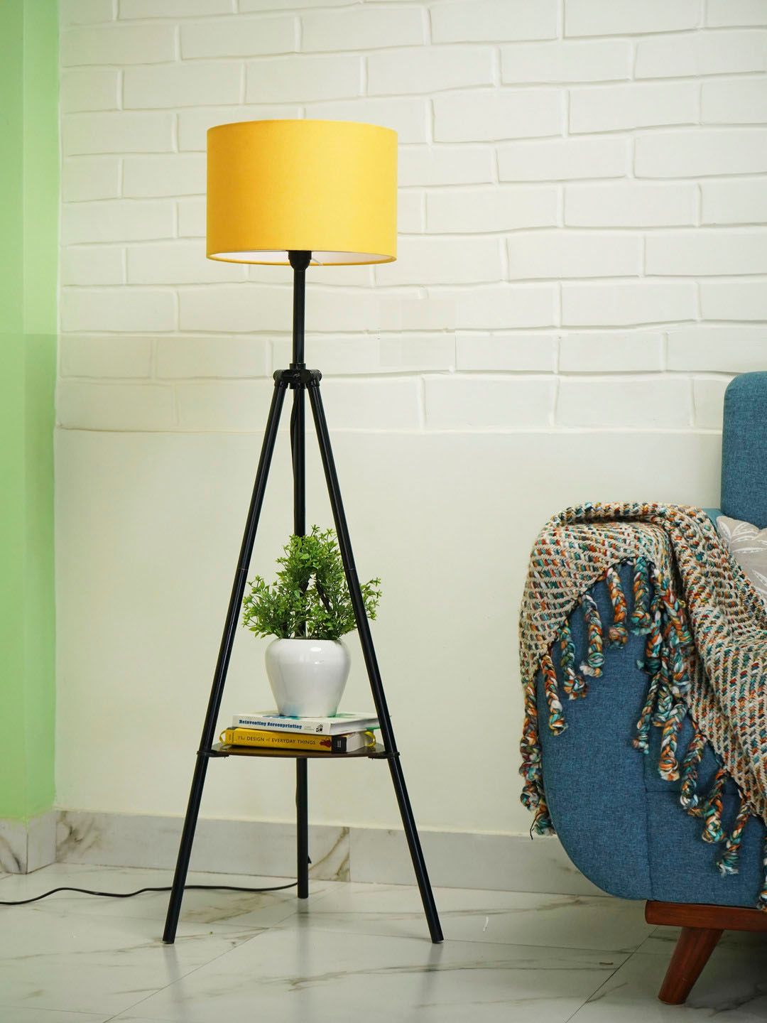 Crosscut Yellow & Black Metal Cylinder Shaped Floor Lamp With Shelves