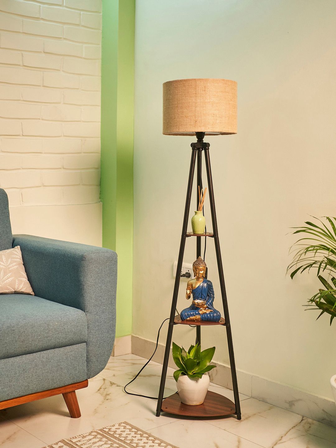 Crosscut Beige & Black Metal Cylinder Shaped Floor Lamp With Shelves-image-22