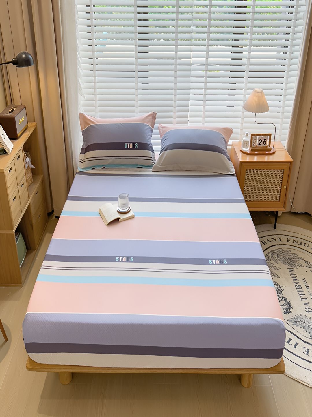 JC HOME Blue & Peach-Coloured Striped King Fitted Bedsheet with 2 Pillow Covers-picture-19