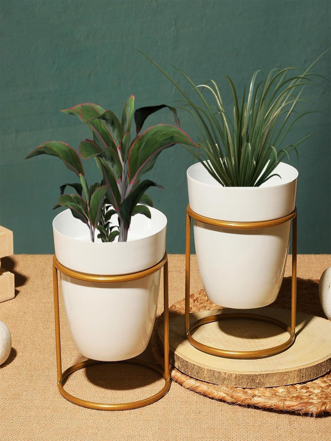 Kuber Industries White & Gold Toned Metal Planter With Stand Set-picture-37