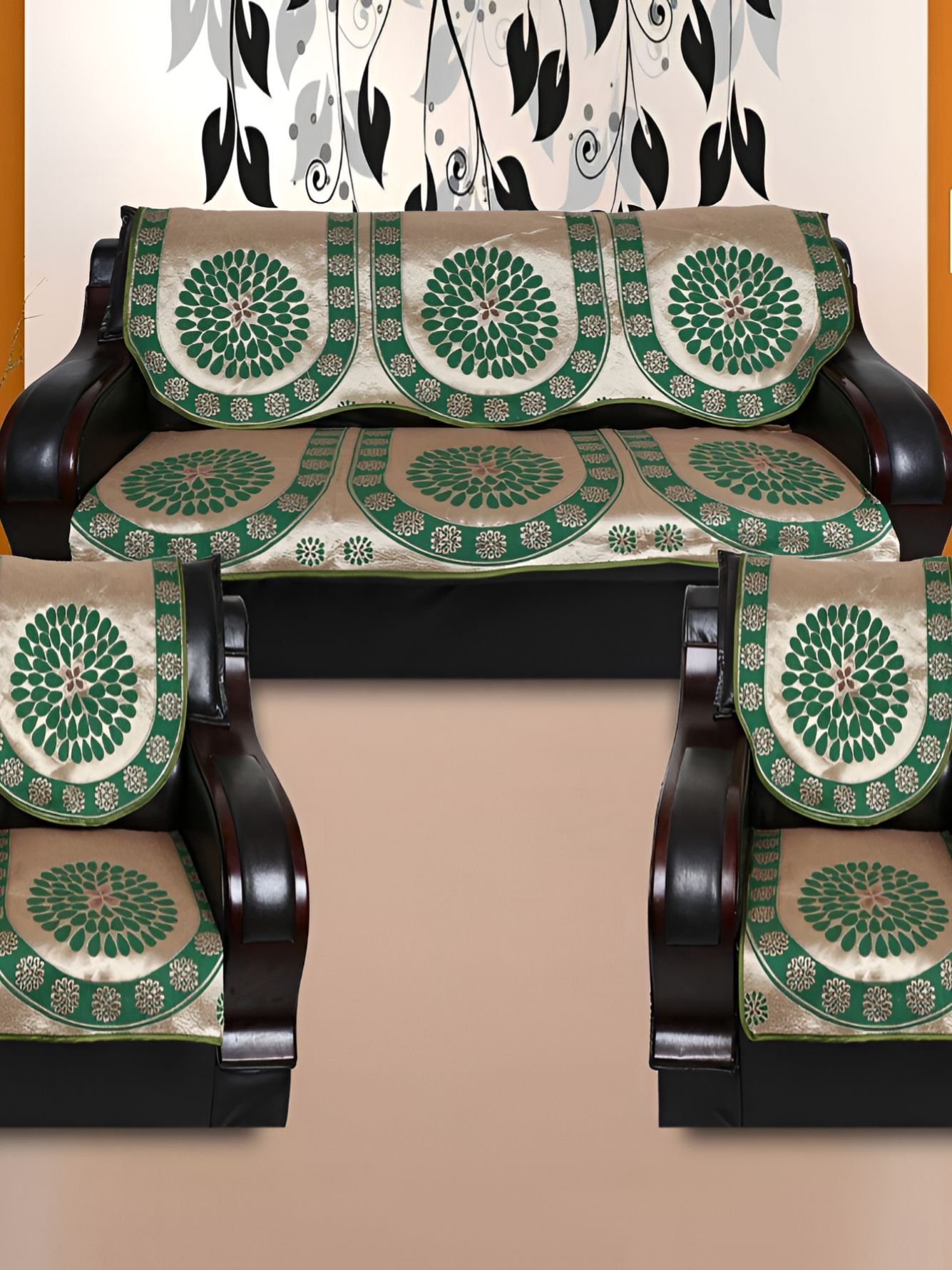 TANLOOMS Green & White  6Pcs Self Design 5 Seater Sofa Covers-image-49