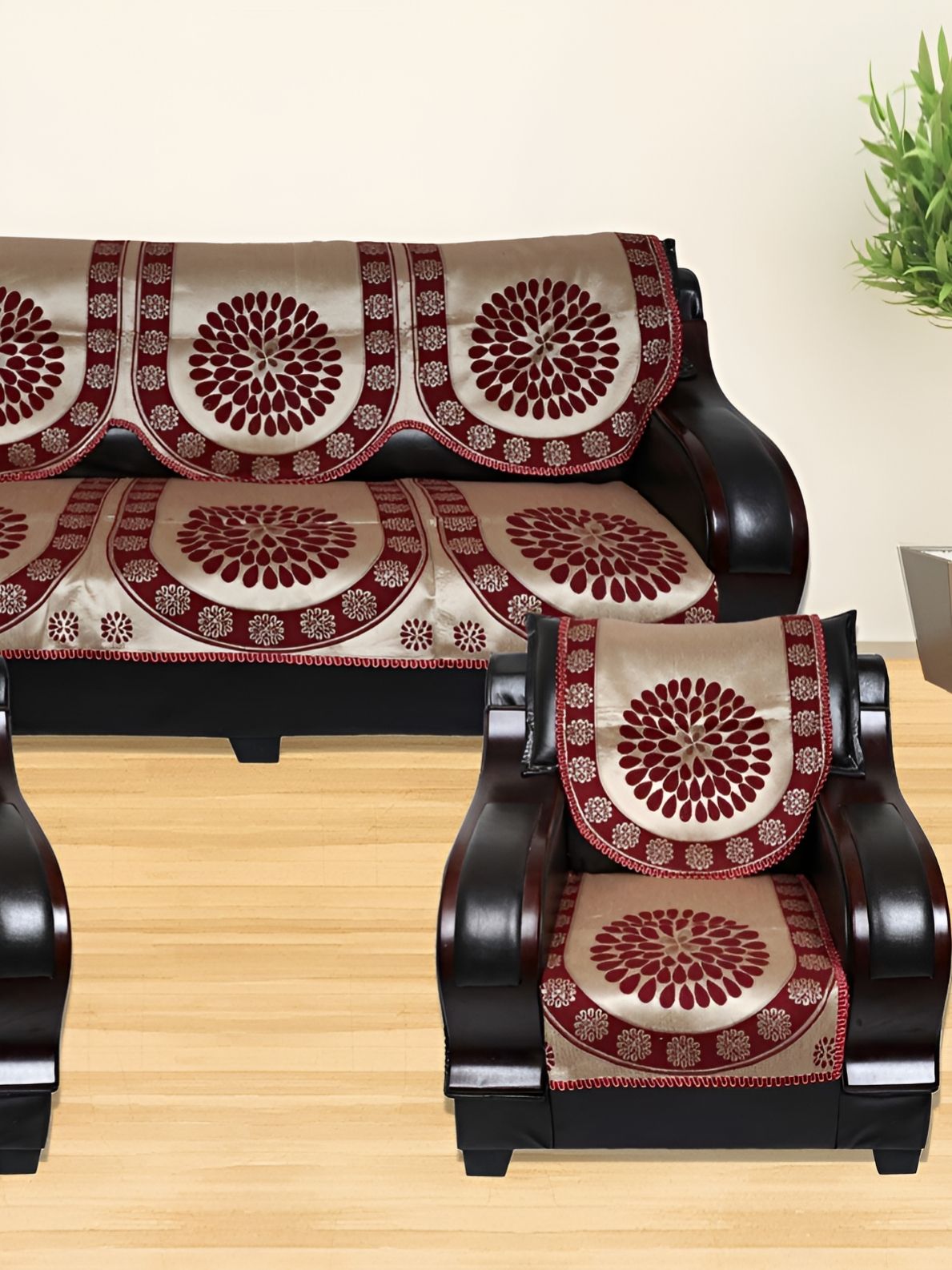 TANLOOMS Maroon & Gold-Toned 6Pcs Self Design 5 Seater Sofa Covers-image-22