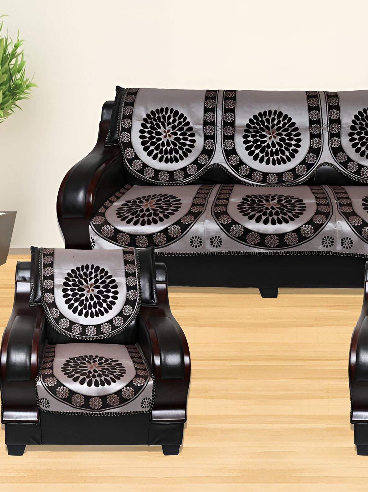 TANLOOMS Black & Silver-Toned  6Pcs Self Design 5 Seater Sofa Covers-image-32