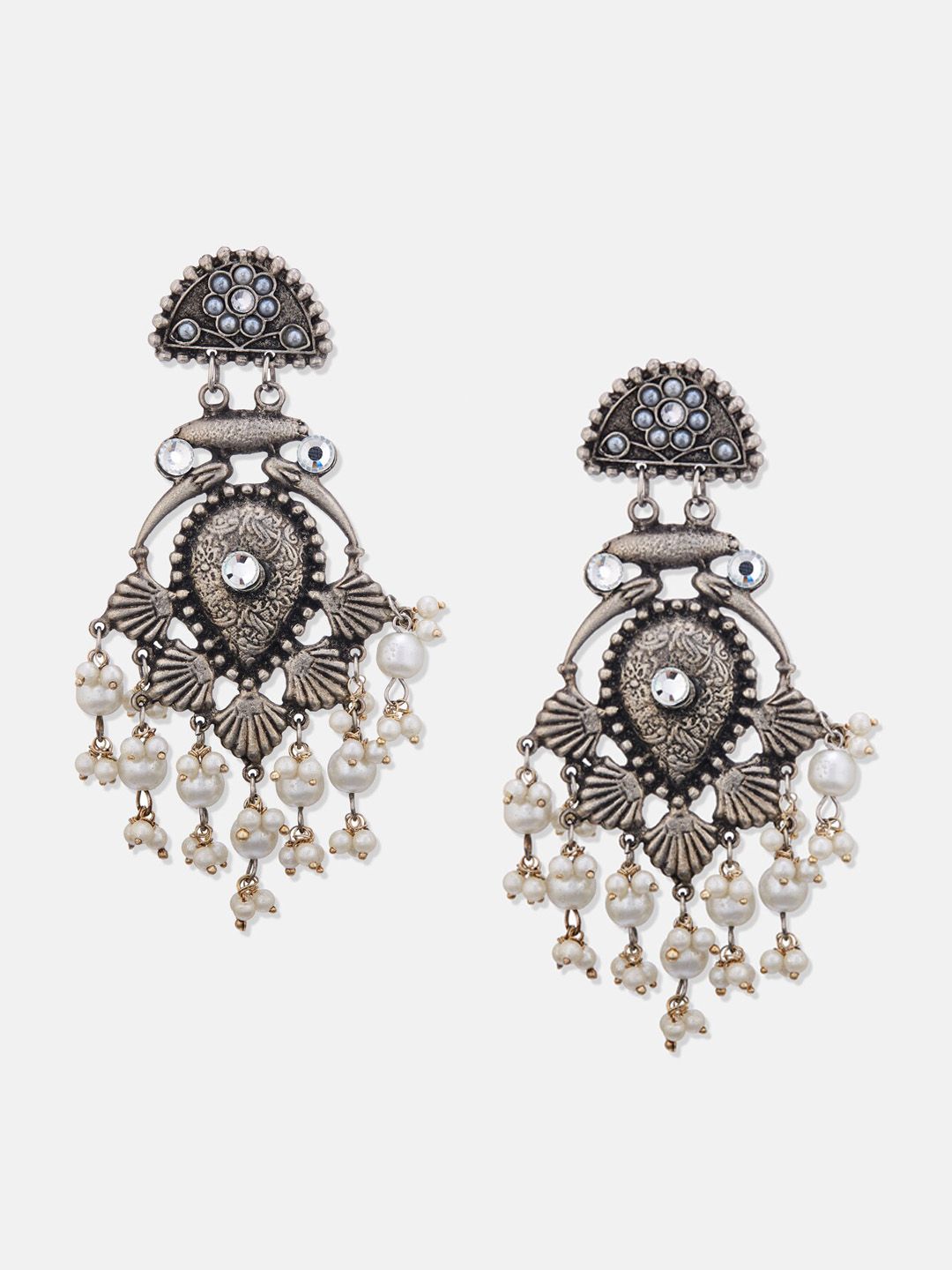 ATIBELLE Set Of 2 German Silver Plated Beaded Stone Studded Classic Drop & Hoop Earrings