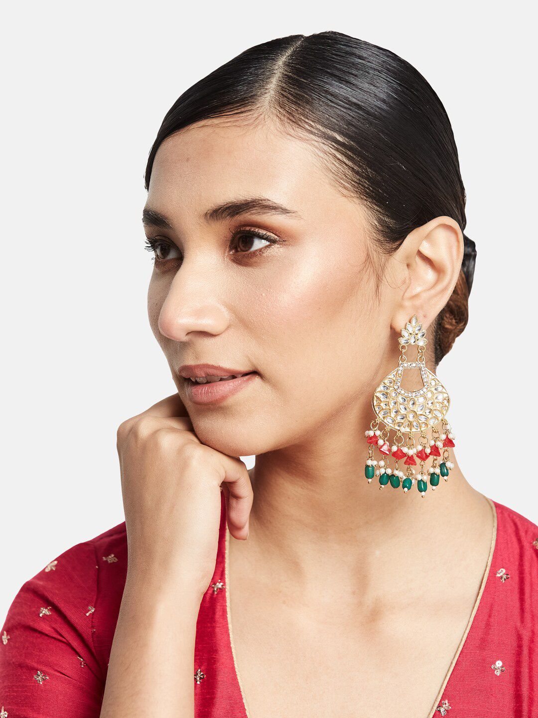 ATIBELLE  Set of 2 Gold-Plated Kundan Beaded Drop Earrings & Jhumkas