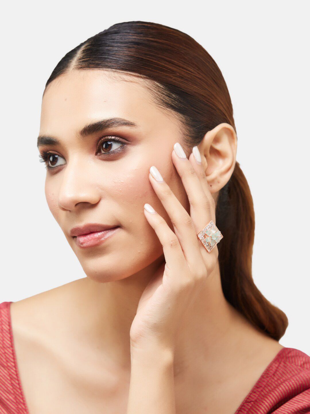 ATIBELLE Set Of 2 Silver Plated & Rose Gold Plated Stone Studded Finger Rings