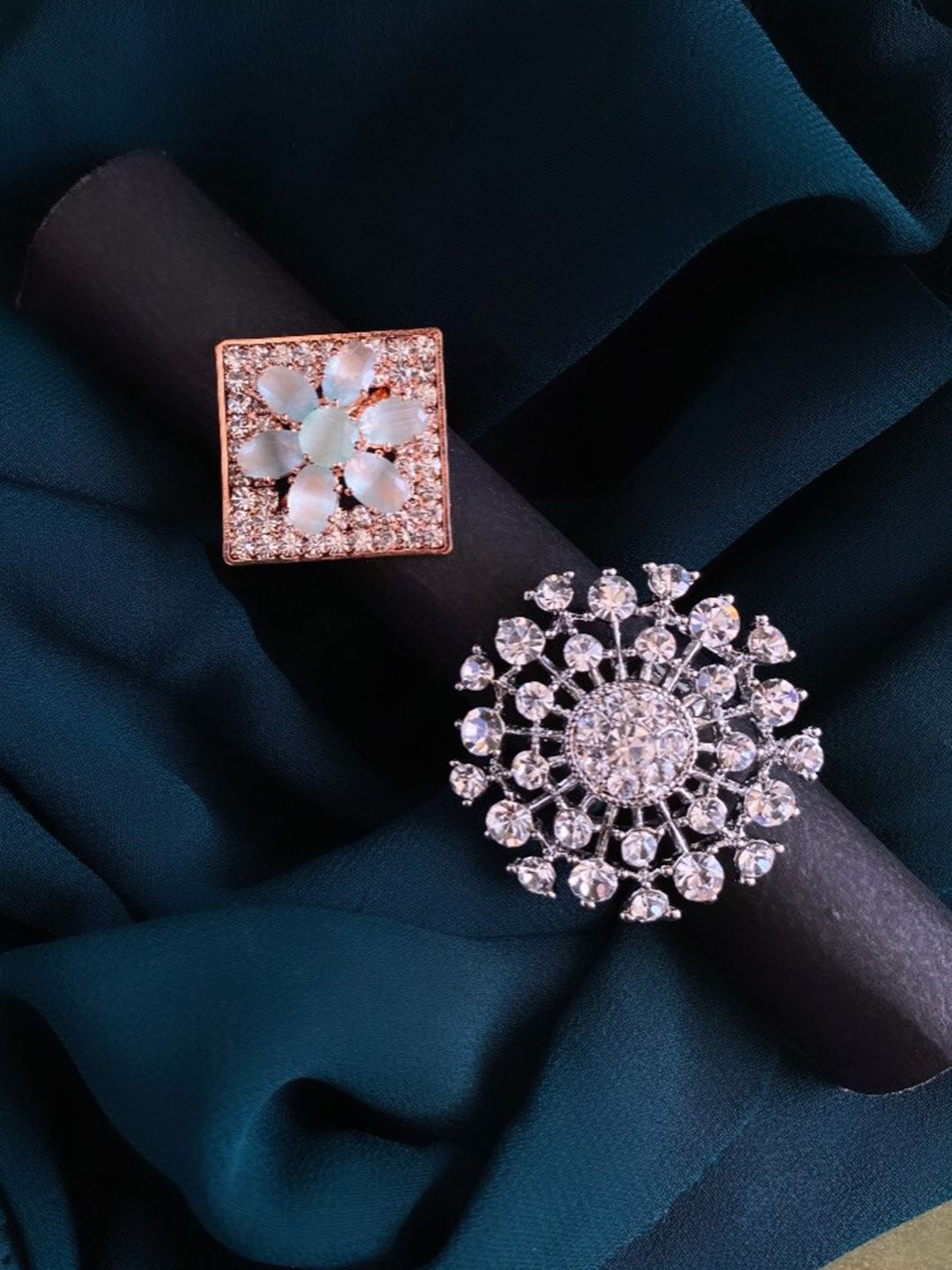 ATIBELLE Set Of 2 Silver Plated & Rose Gold Plated Stone Studded Finger Rings