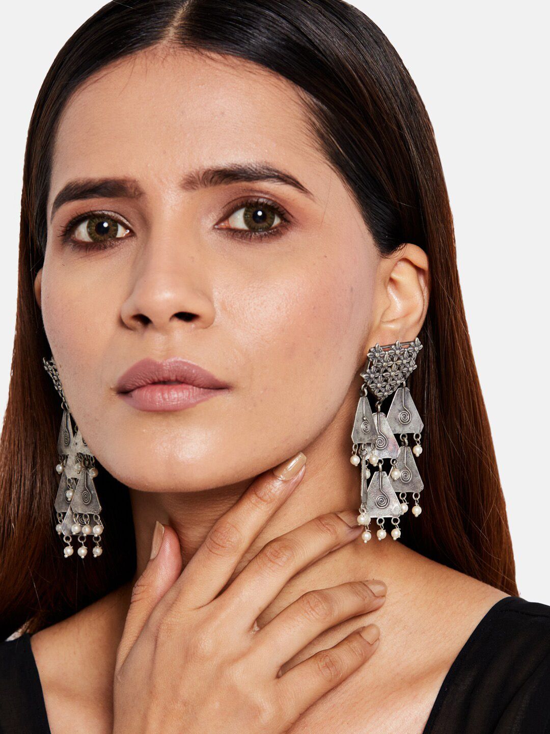 ATIBELLE Set Of 2 German Silver Plated Beaded Classic Drop & Hoop Earrings