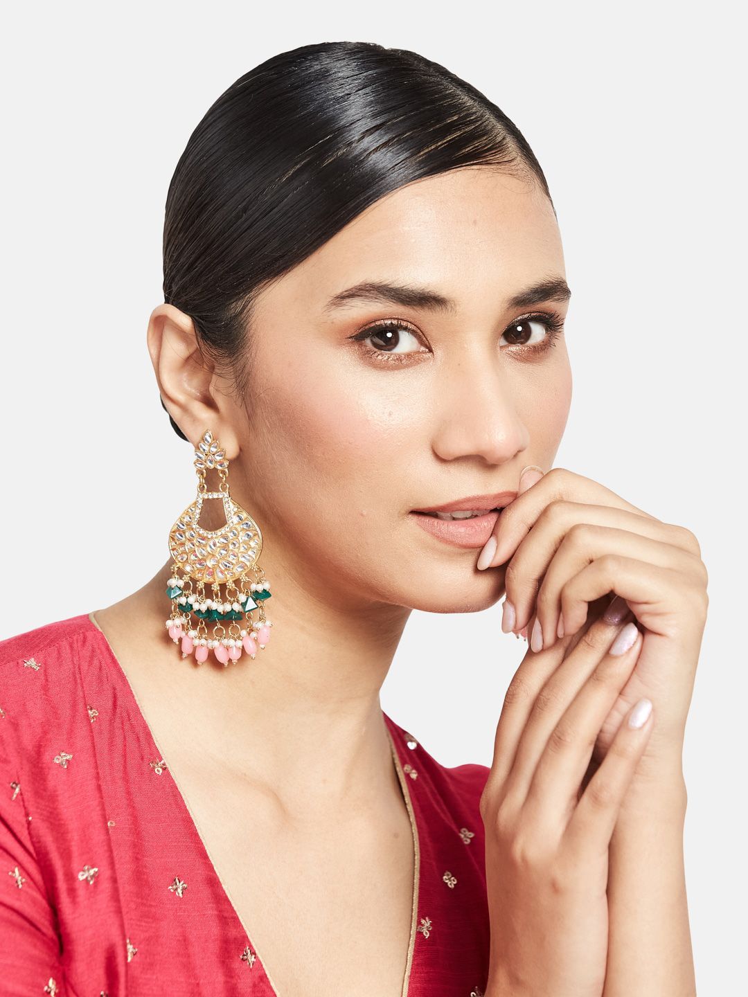 ATIBELLE Set of 2 Gold-Plated Kundan Beaded Drop Earrings & Jhumkas