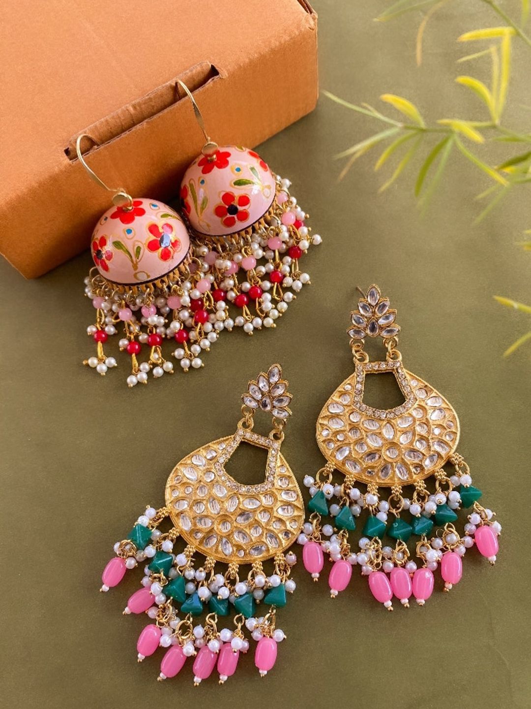 ATIBELLE Set of 2 Gold-Plated Kundan Beaded Drop Earrings & Jhumkas