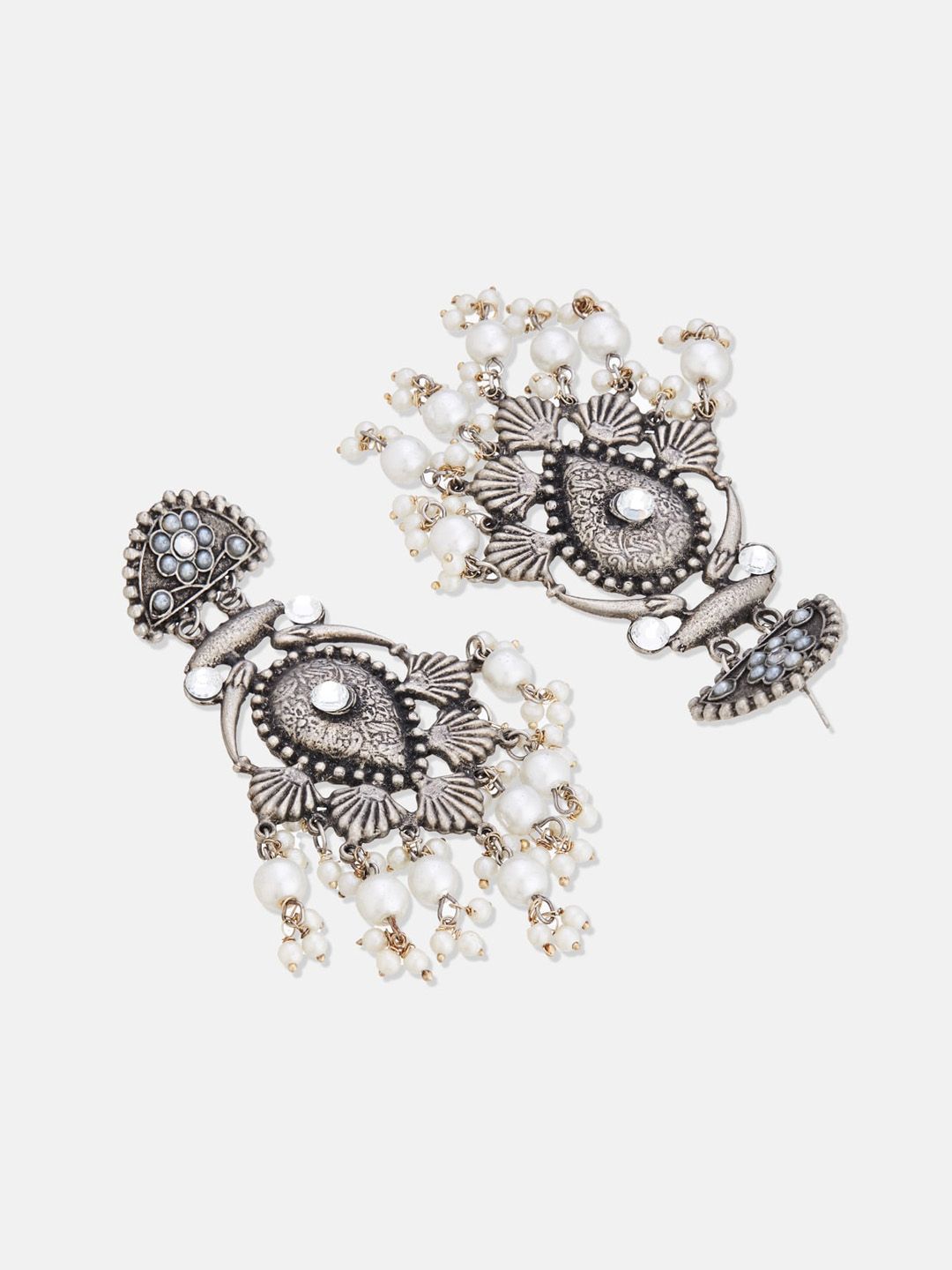 ATIBELLE Set Of 2 German Silver Plated Beaded Stone Studded Classic Drop Earrings