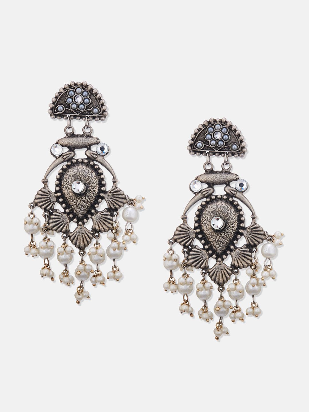 ATIBELLE Set Of 2 German Silver Plated Beaded Stone Studded Classic Drop Earrings