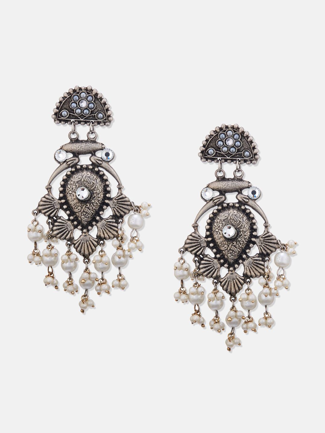 ATIBELLE Set Of 2 German Silver Plated Beaded Stone Studded Classic Drop Earrings