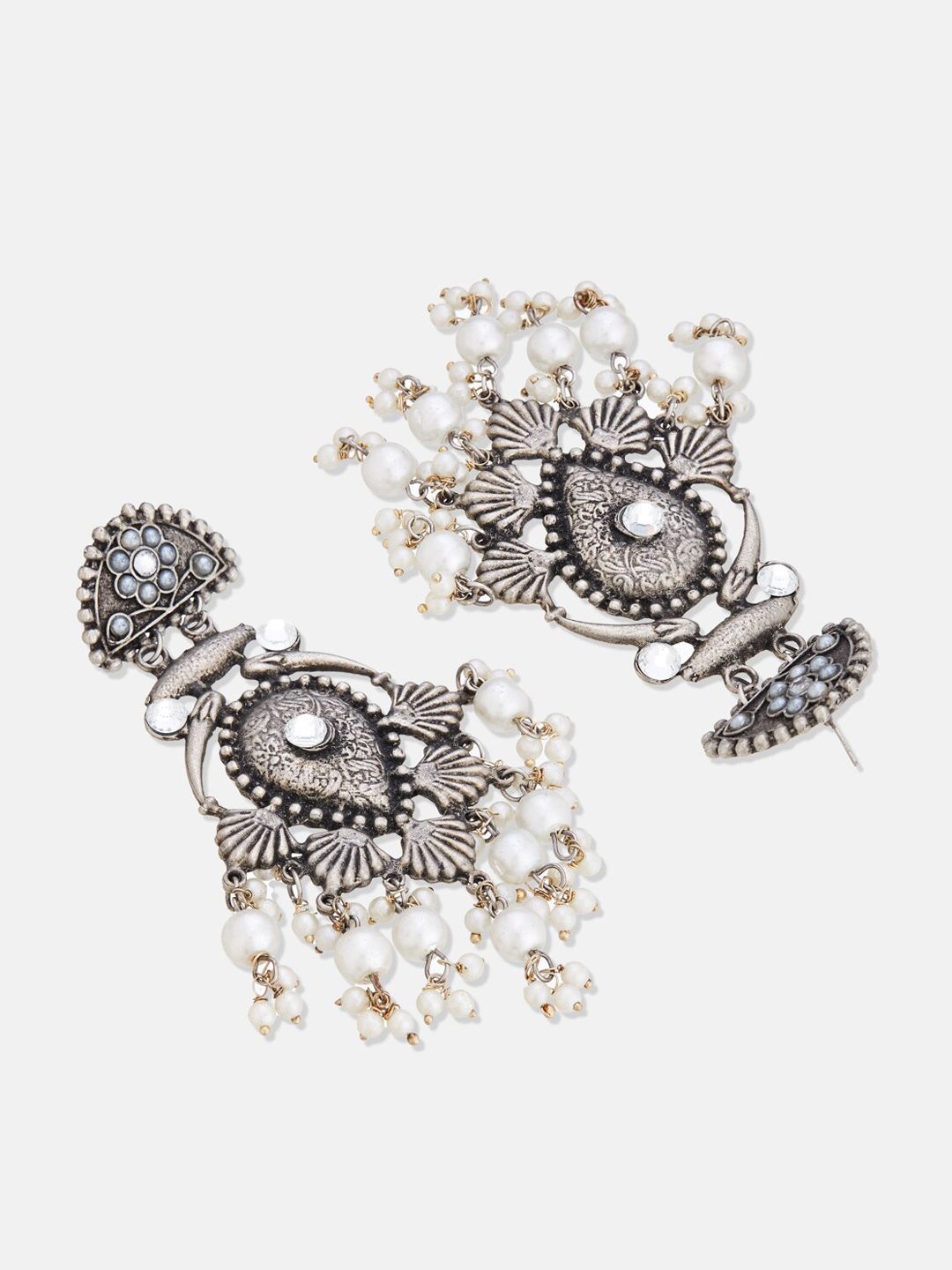 ATIBELLE Set Of 2 German Silver Plated Beaded Stone Studded Classic Drop Earrings