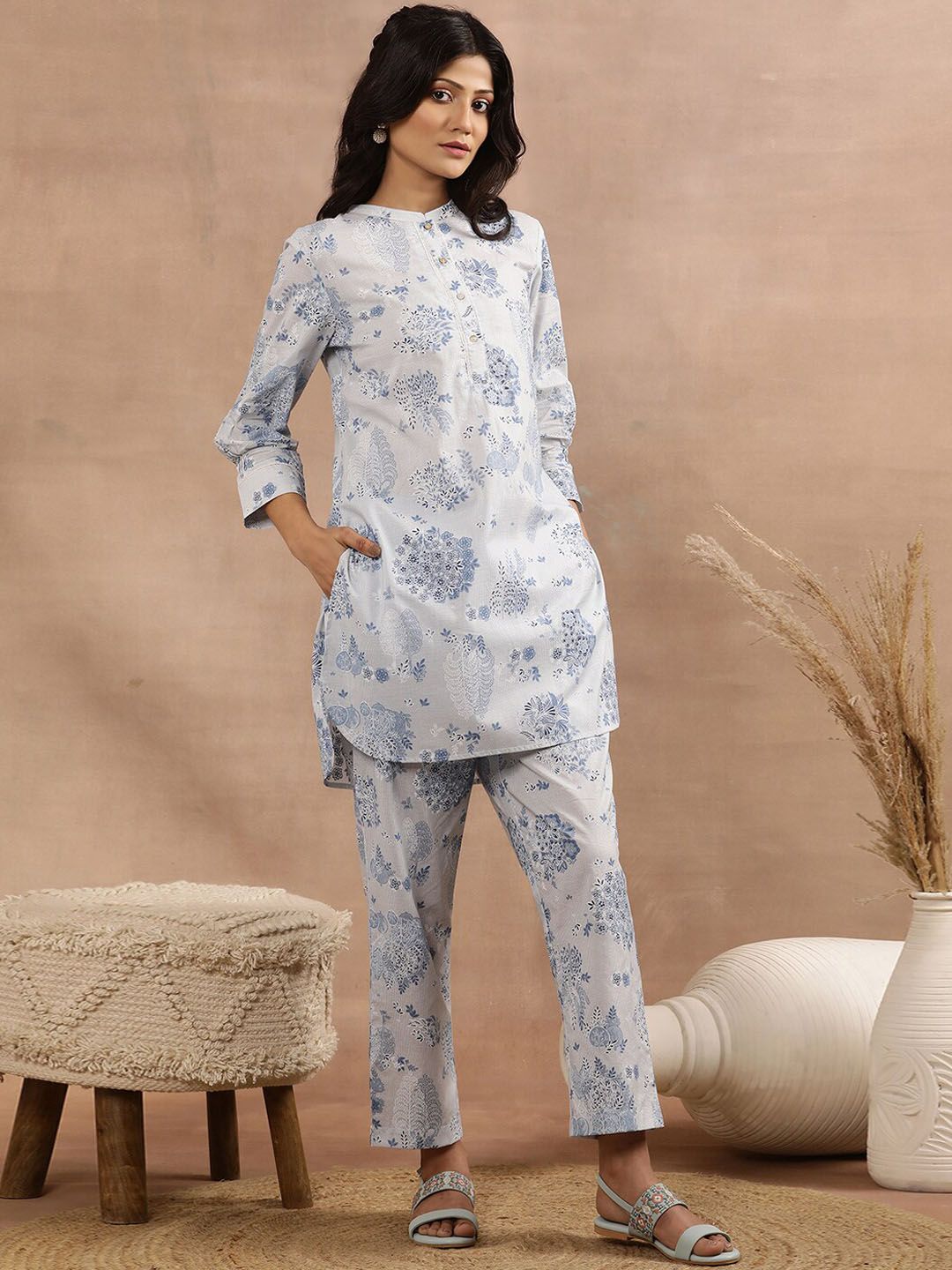Cotton Cut Sleeve Floral Kurta Pant Set