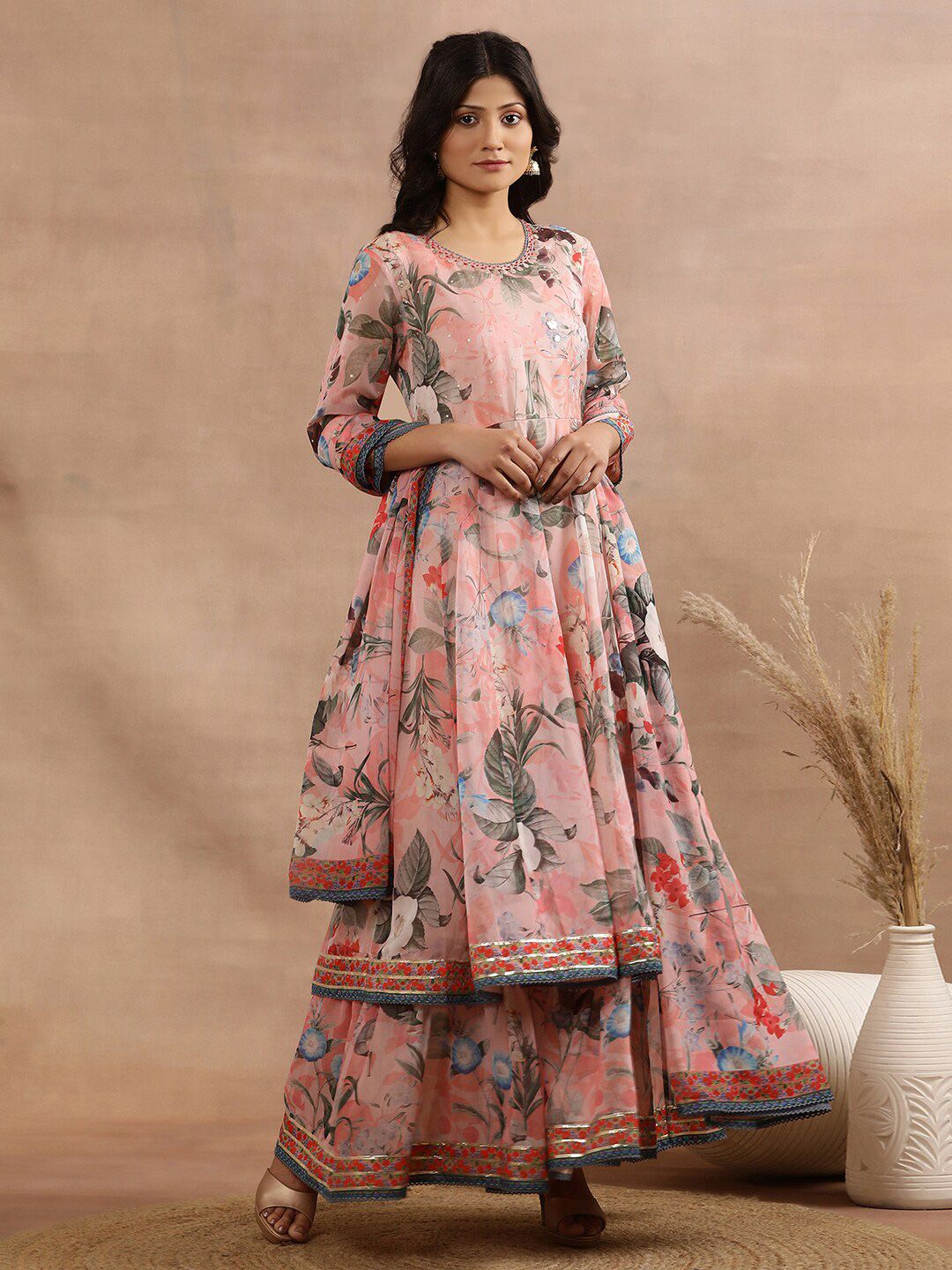Floral Printed One Shoulder Ethnic Gown with Dupatta