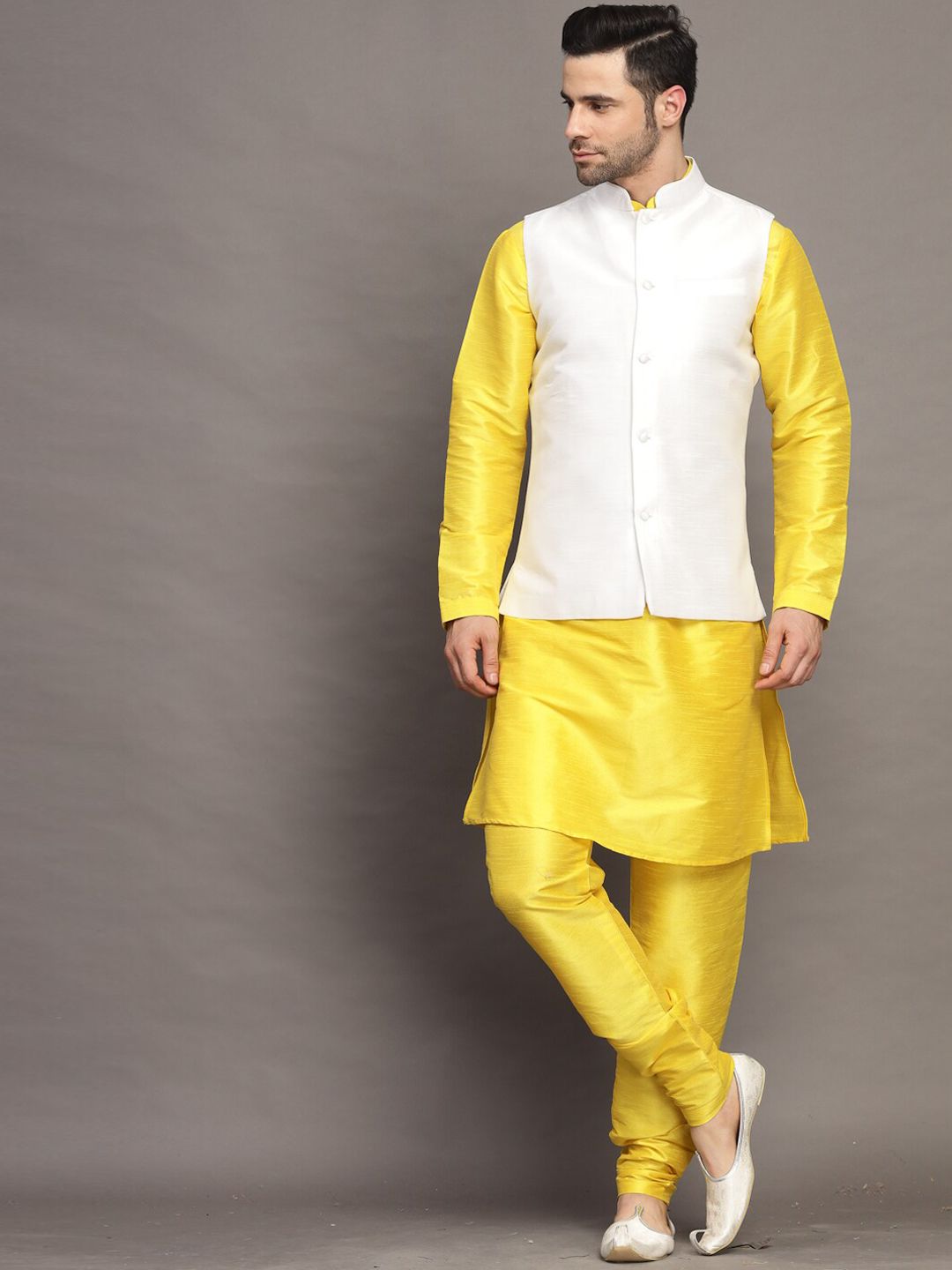 Utsav Fashion Mandarin Collar Long Sleeves Straight Kurta with Churidar & Jacket-image-10