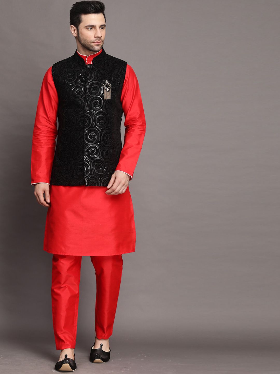 Utsav Fashion Mandarin Collar Long Sleeves Straight Kurta with trouser & Jacket-image-9