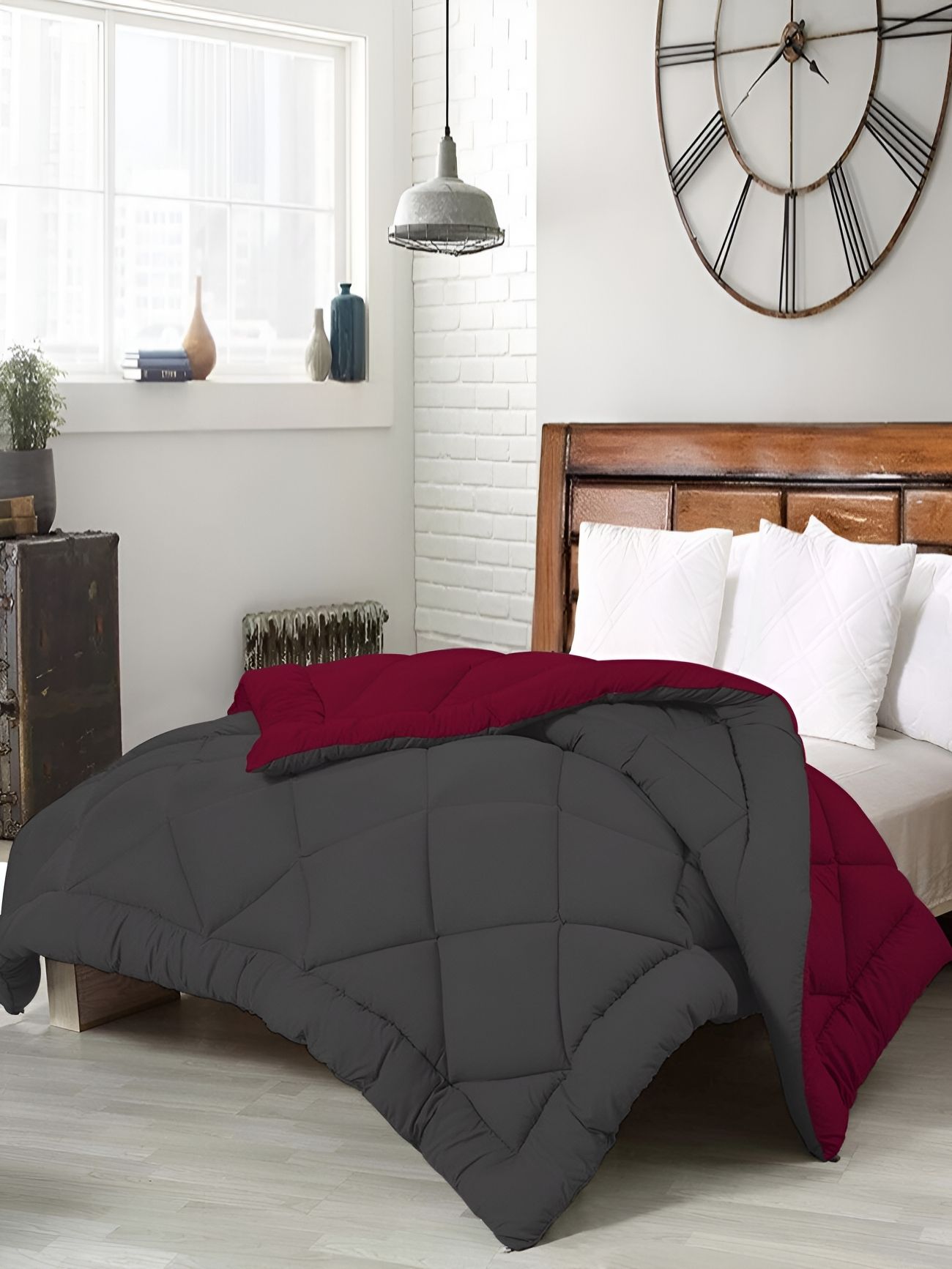 Comfowell Grey & Maroon Geometric Microfiber Heavy Winter 233 GSM Double Bed Quilt-picture-21