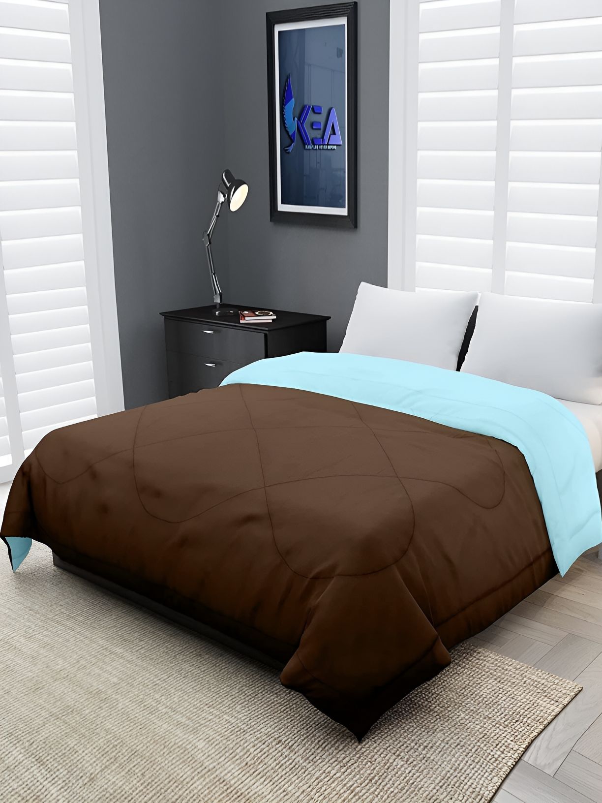Comfowell Brown & Blue Geometric Reversible Heavy Winter 233 GSM Single Bed Comforter-image-1