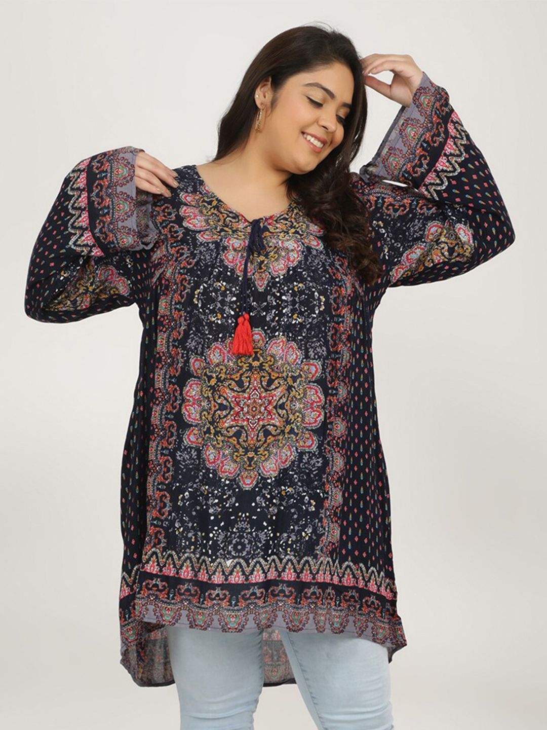 VELDRESS Plus Size Ethnic Motifs Printed Tie-Up Neck Flared Sleevesn Longline Tunic-picture-33