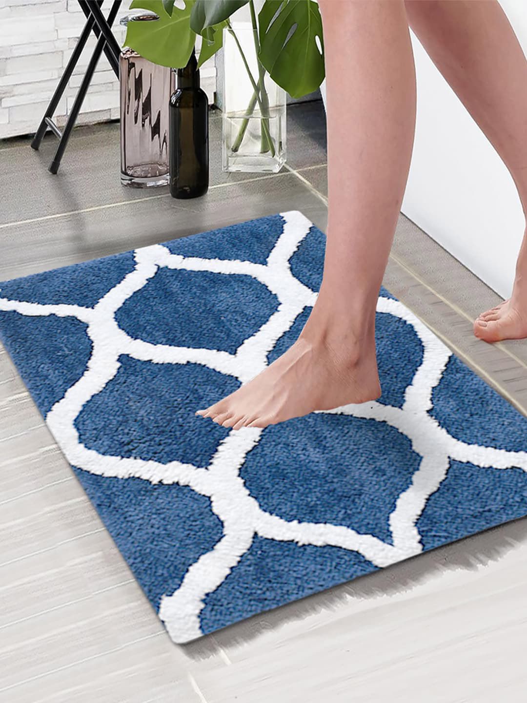 Aura Turquoise Blue & White Printed Anti-Skid 1850 GSM Bath Rug-image-27