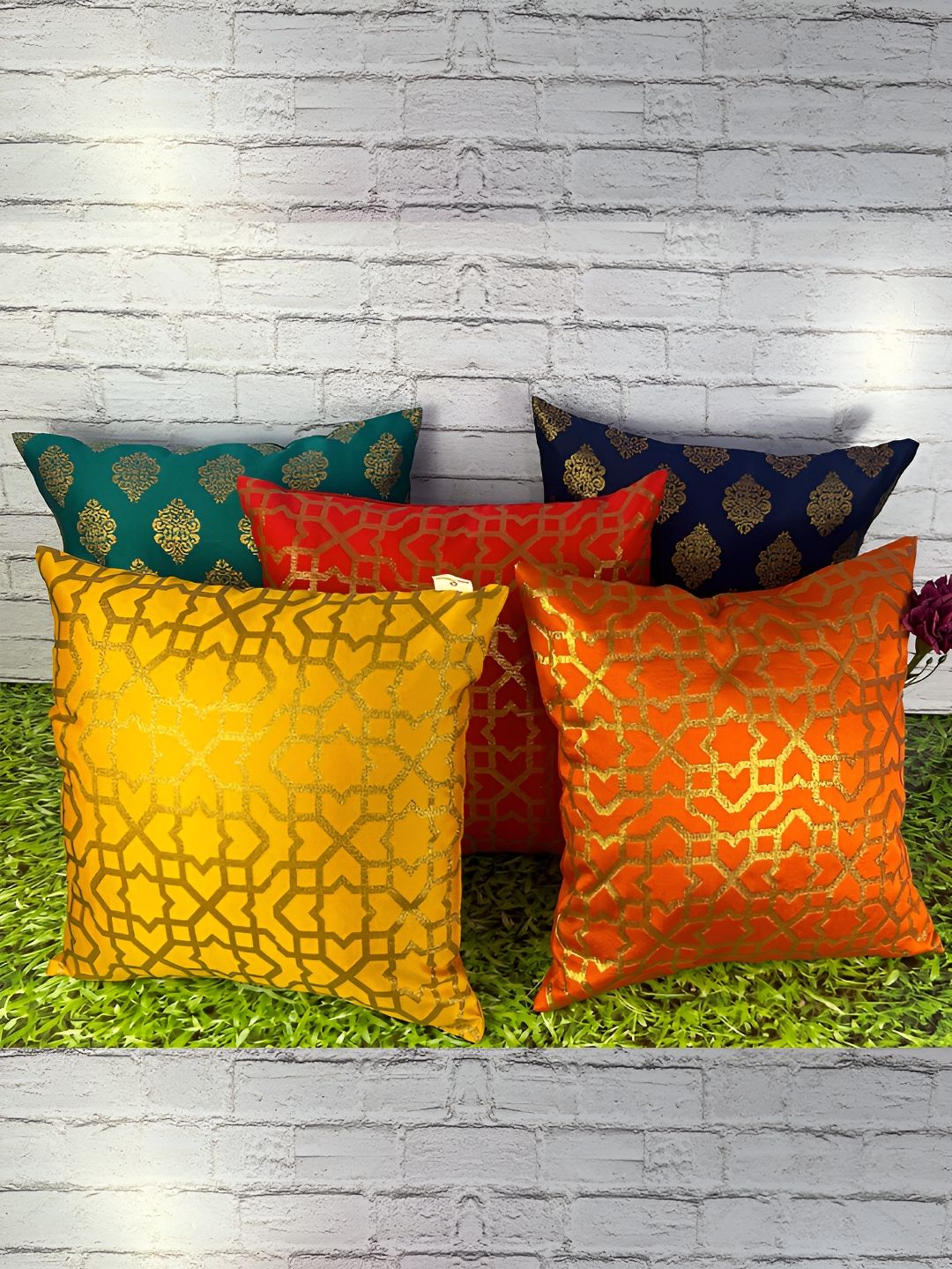 Pink Parrot Green & Red 5 Pieces Geometric Zari Square Cushion Covers-picture-36