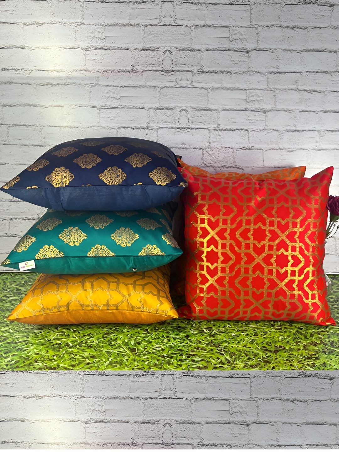 Pink Parrot Red & Yellow 5 Pieces Ethnic Motifs Jacquard Silk Square Cushion Covers-picture-17