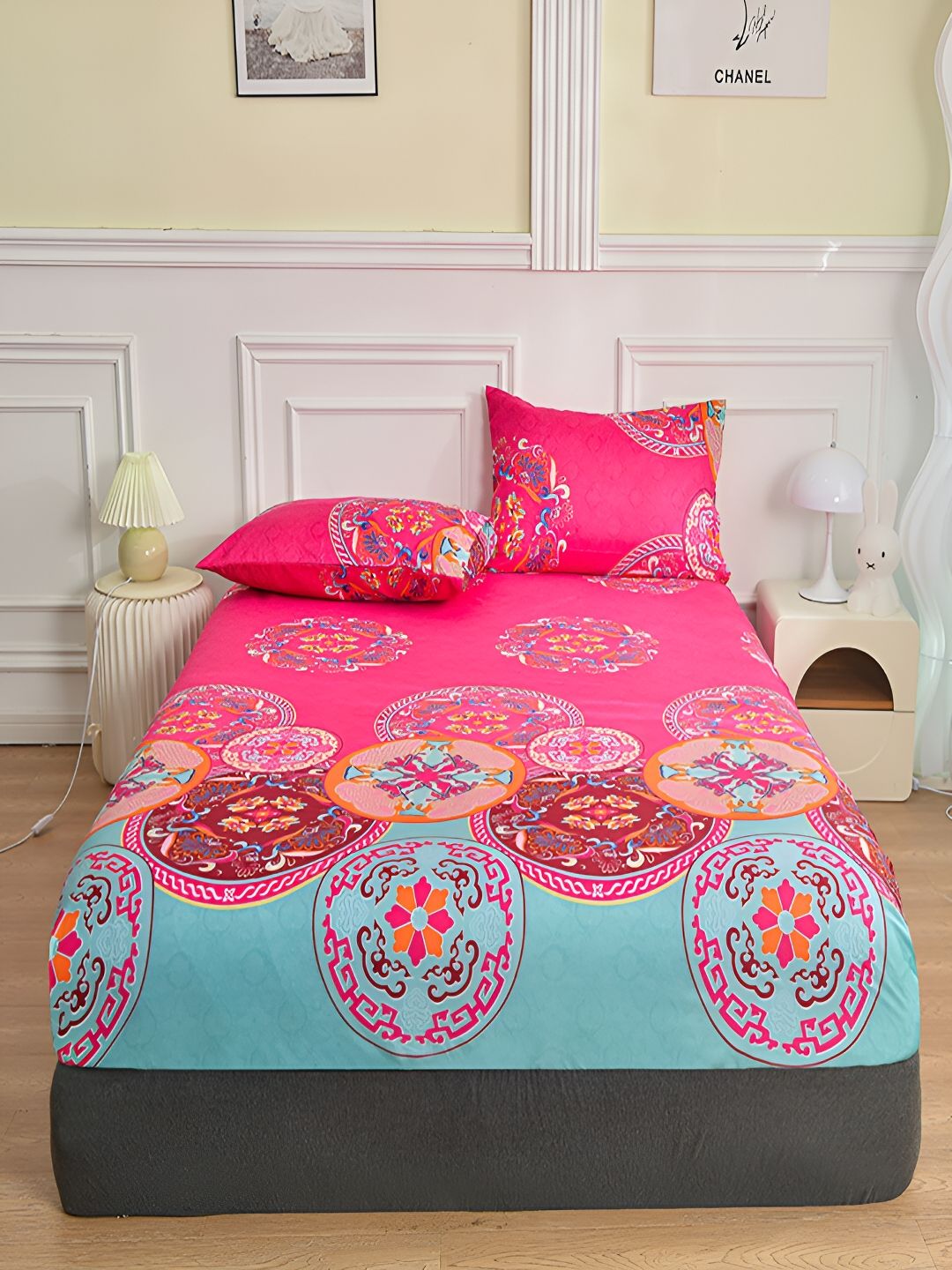 JC HOME Pink & Blue Ethnic Motifs Fitted 140 TC Single Bedsheet with 1 Pillow Covers-picture-10